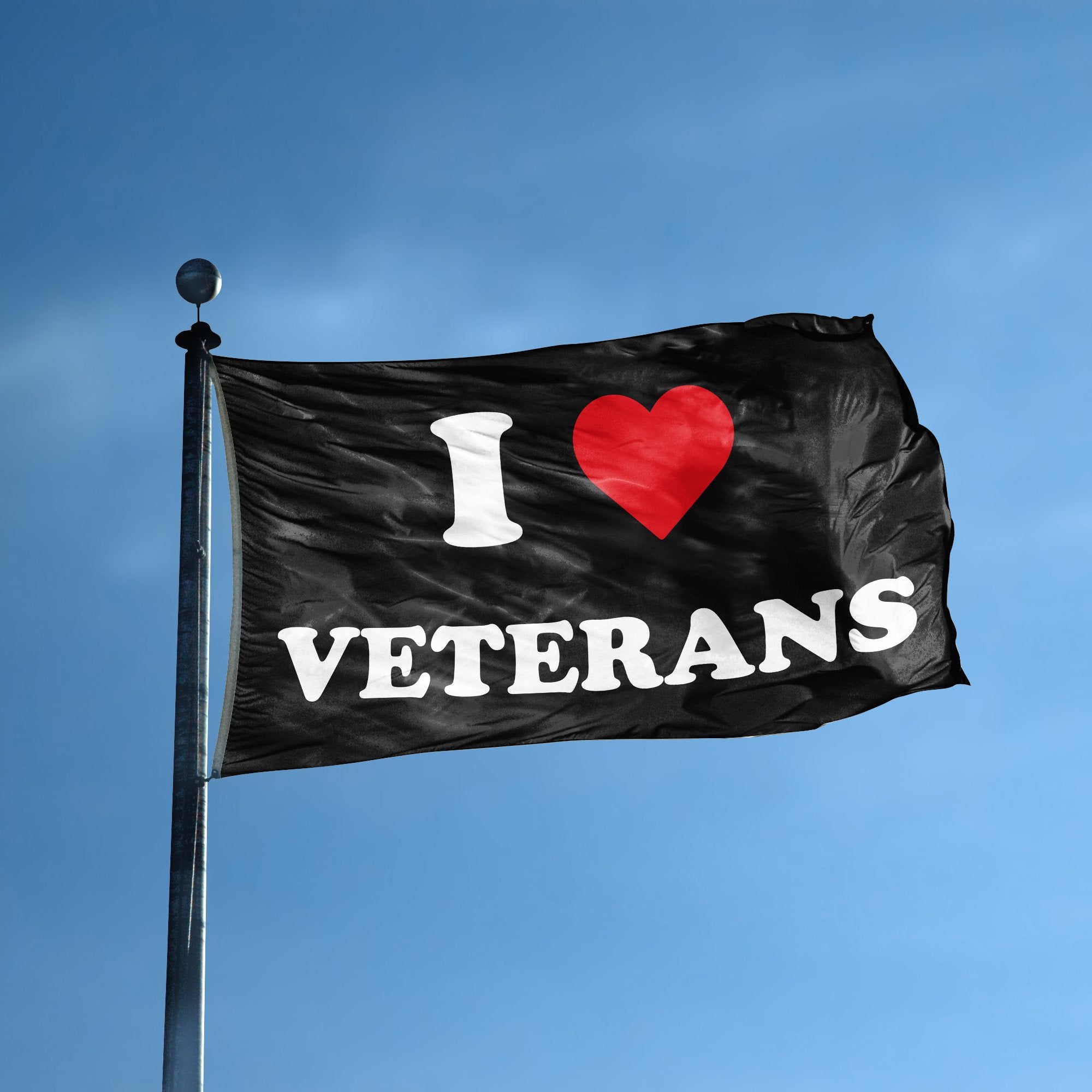 A flag with the saying "I Love Veterans" displayed on a high pole, with a black, white and red color scheme.