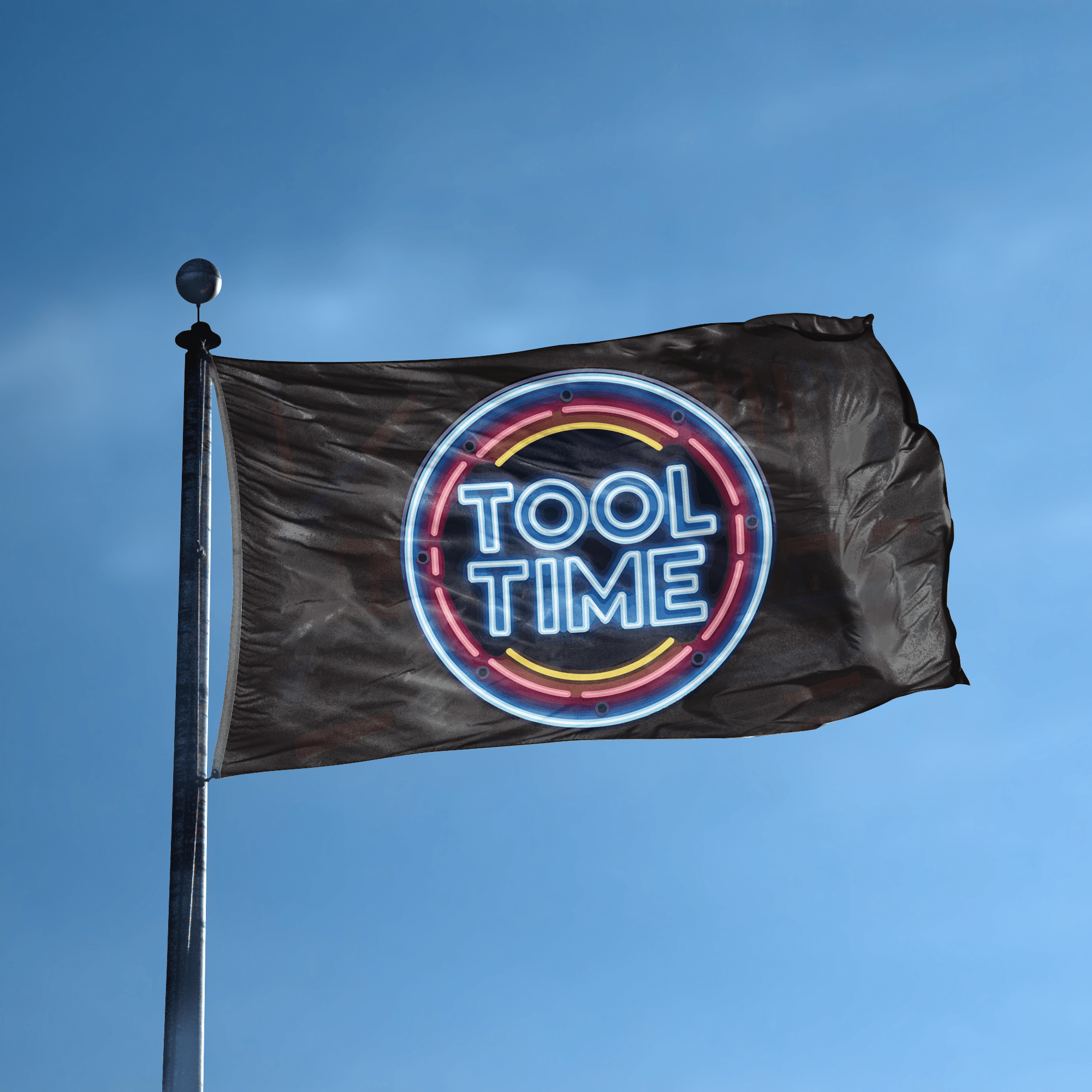 A flag with the saying "Tool Time" displayed on a high pole, with a neon style color scheme.