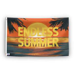 A flag with a sunset background and the text 'ENDLESS SUMMER' across the center in bold letters.