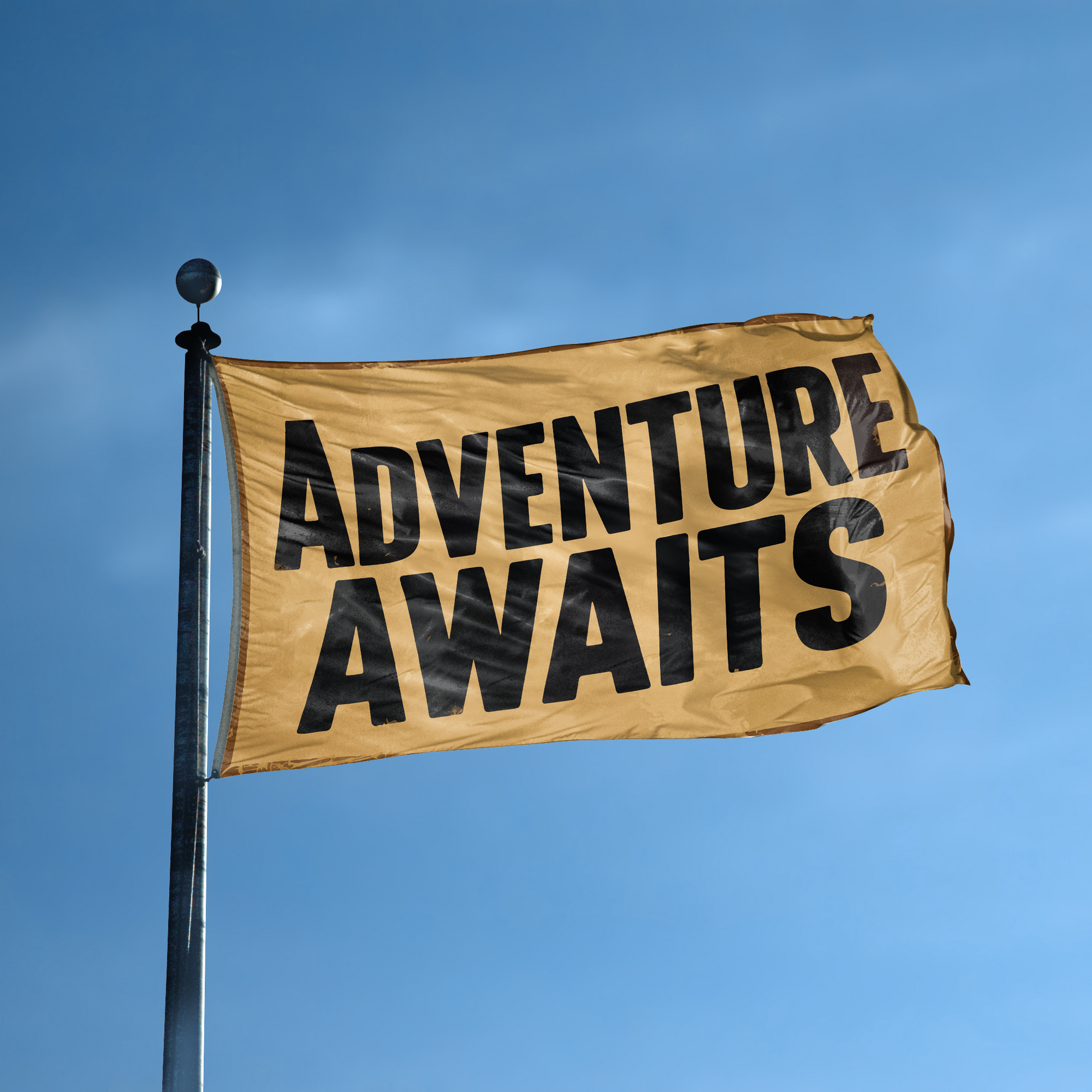 A flag with the saying "Adventure Awaits" displayed on a high pole, with a special occasion color scheme.