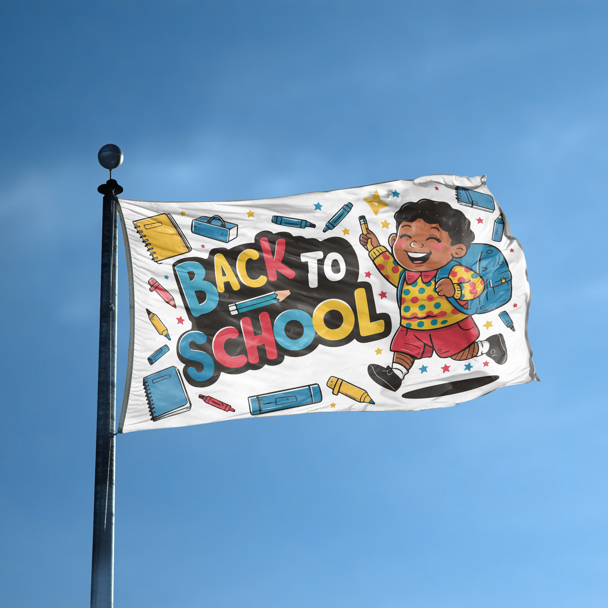 A flag with the saying "Back To School Classroom" displayed on a high pole, with a special occasion color scheme.