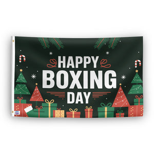 A flag with the saying "Happy Boxing Day", with a holiday themed color scheme.