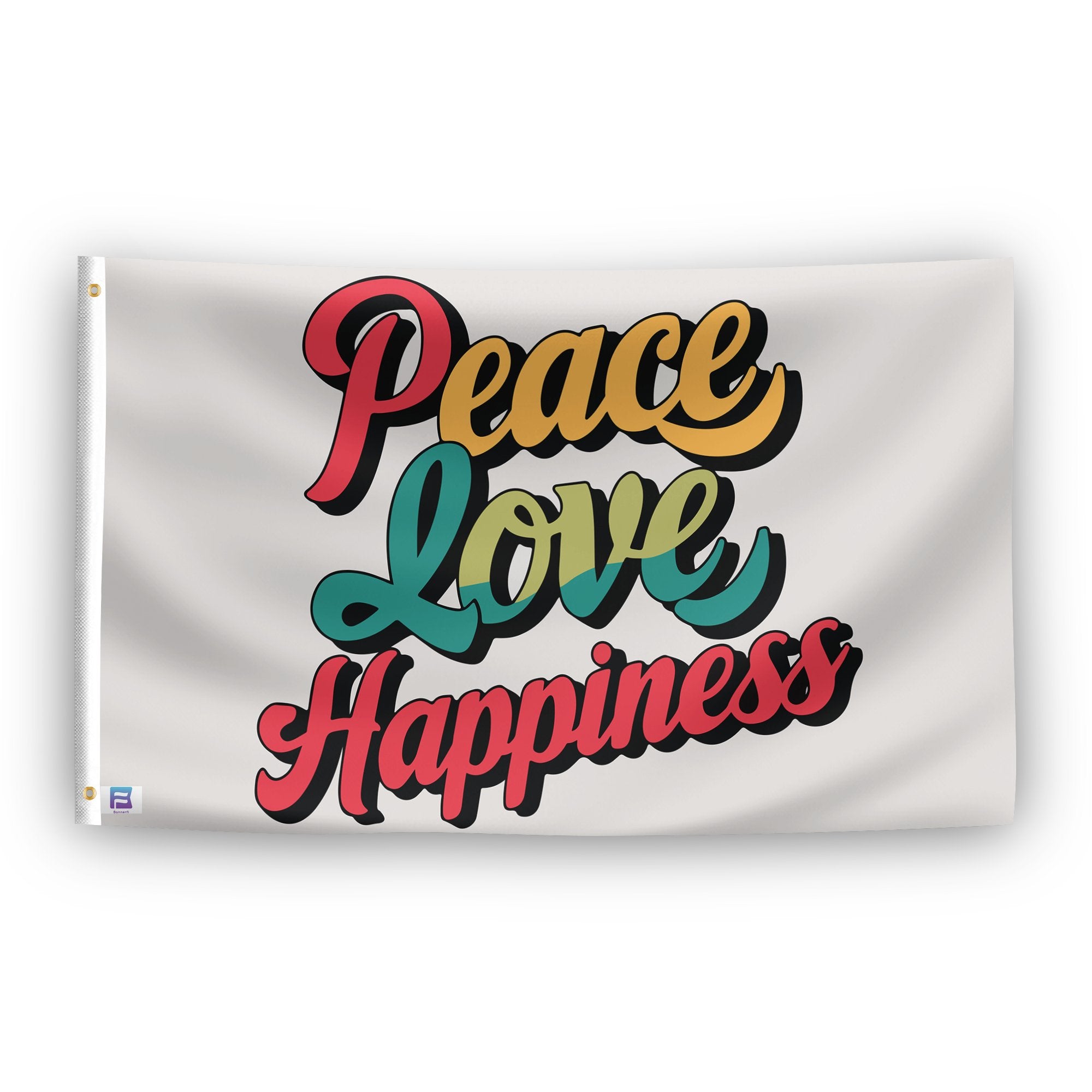 A flag with the saying "Peace Love Happiness", with a special occasion color scheme.