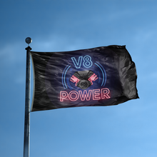 Load image into Gallery viewer, A flag with the saying &quot;V8 Power&quot; displayed on a high pole, with a neon style color scheme.
