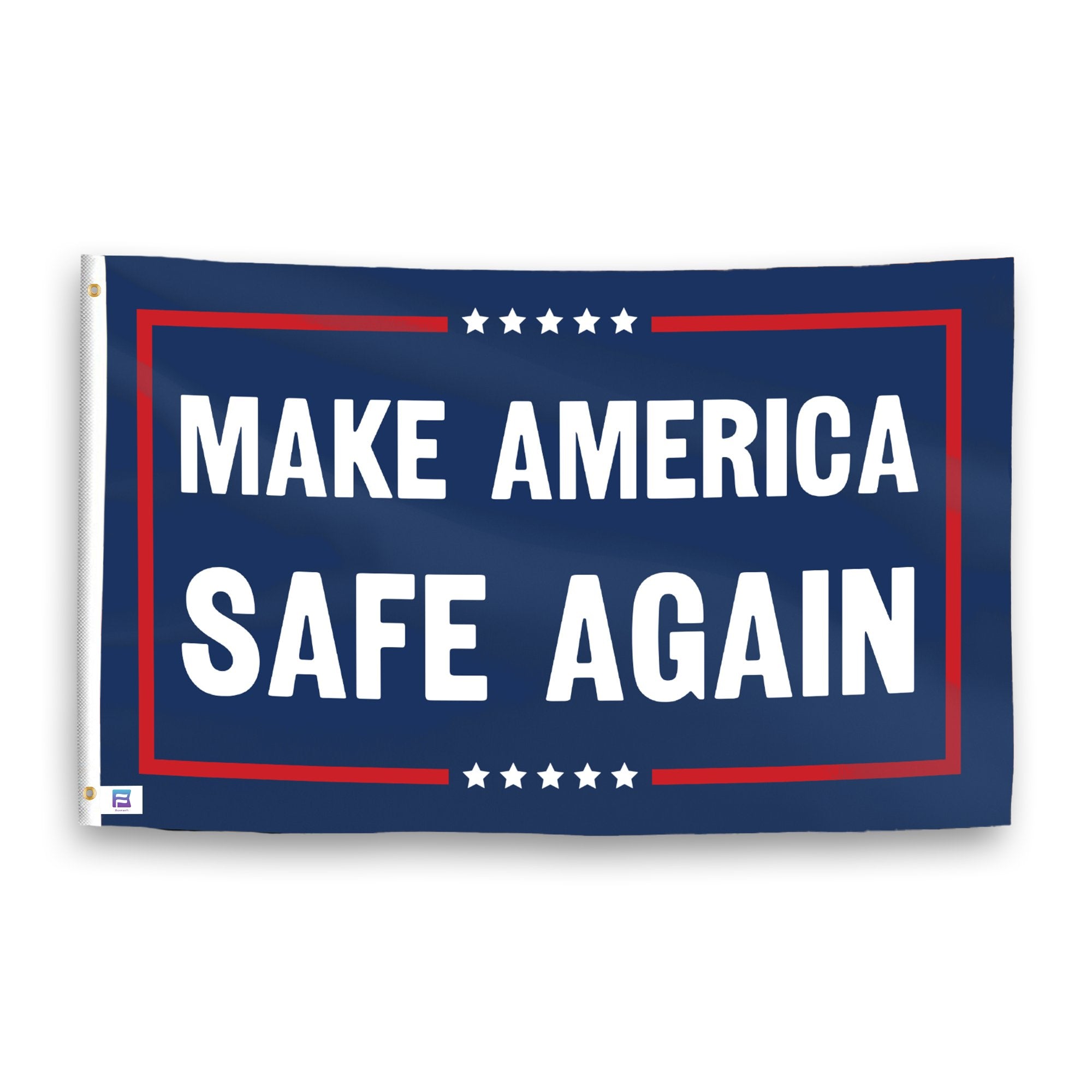 A political flag with the saying "https://www.dropbox.com/scl/fi/06p4t9ffecq1wf6rzulep/make-america-safe-again_ripple.png?rlkey=riyr8fqctqa6jztv92xin6ycu&raw=1", with a red, white, and blue color scheme.