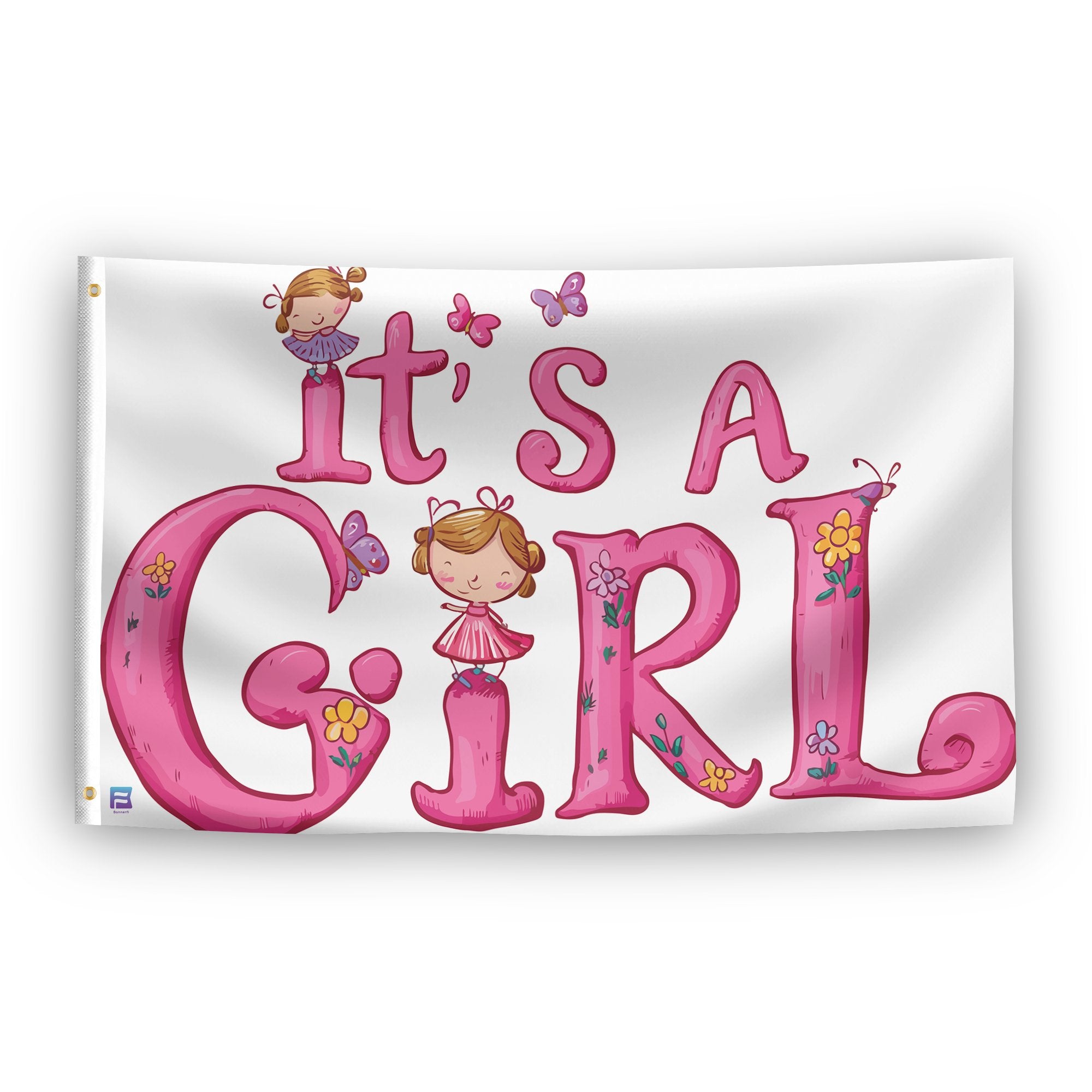 A flag with the saying "It's A Girl", with a special occasion color scheme.