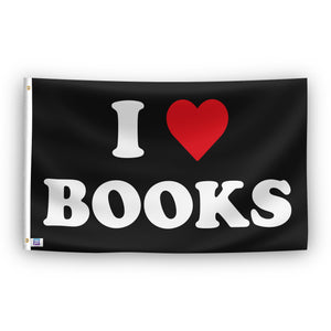 A flag with the text 'I ♥ BOOKS' where the word 'LOVE' is represented by a red heart symbol, set against a black background.