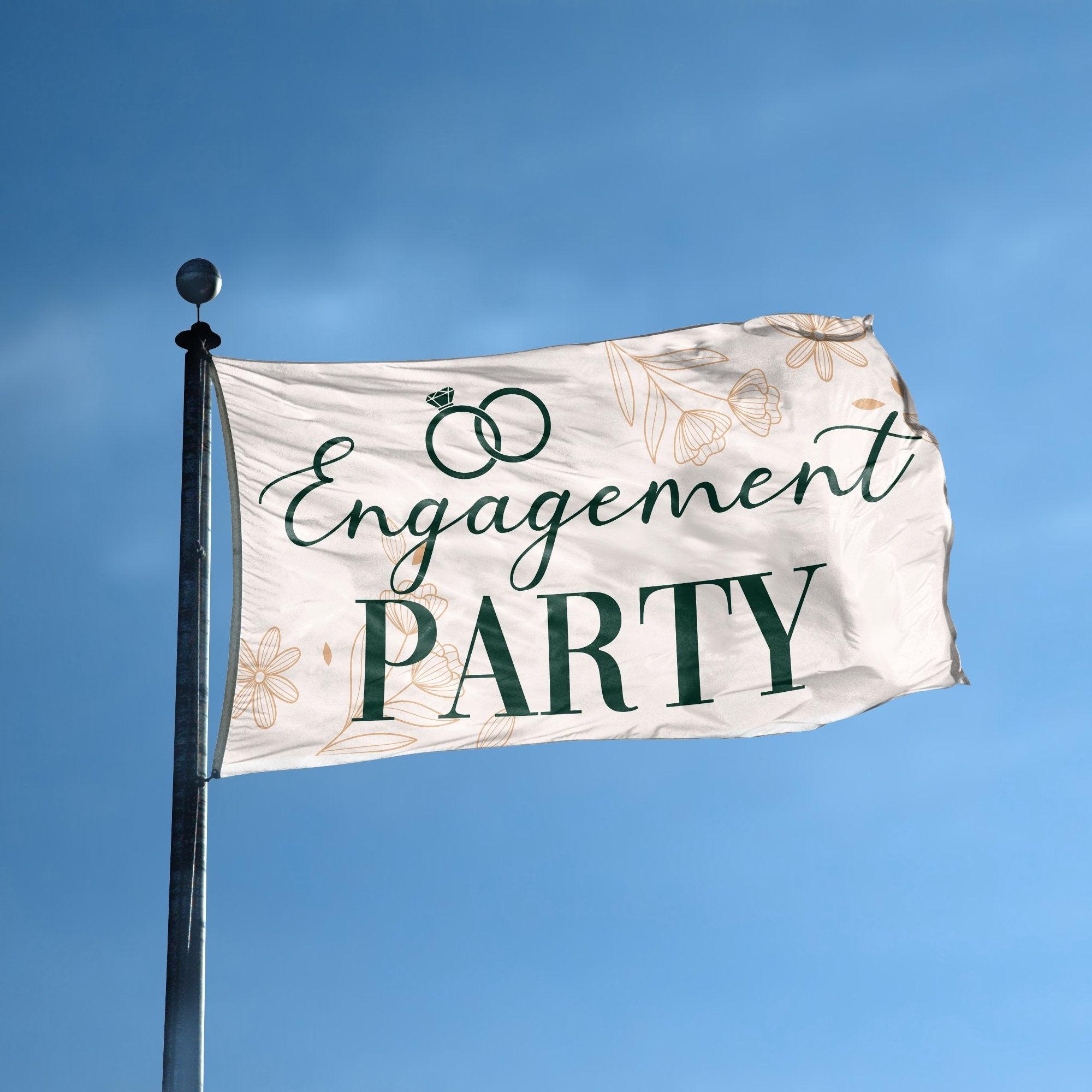 A flag with the saying "Engagement Party" displayed on a high pole, with a special occasion color scheme.