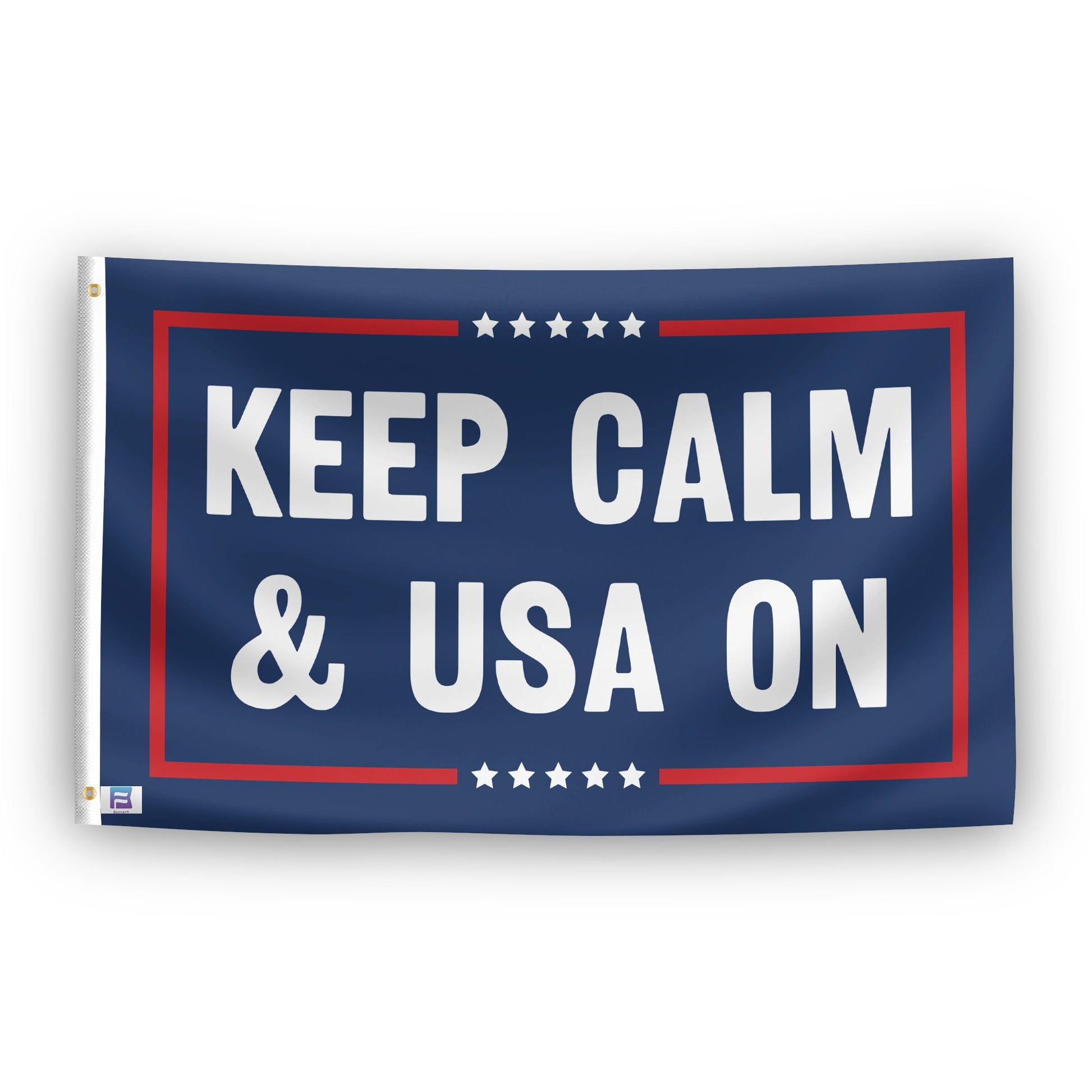 A political flag with the saying "Keep Calm And USA On Political", with a red, white, and blue color scheme.