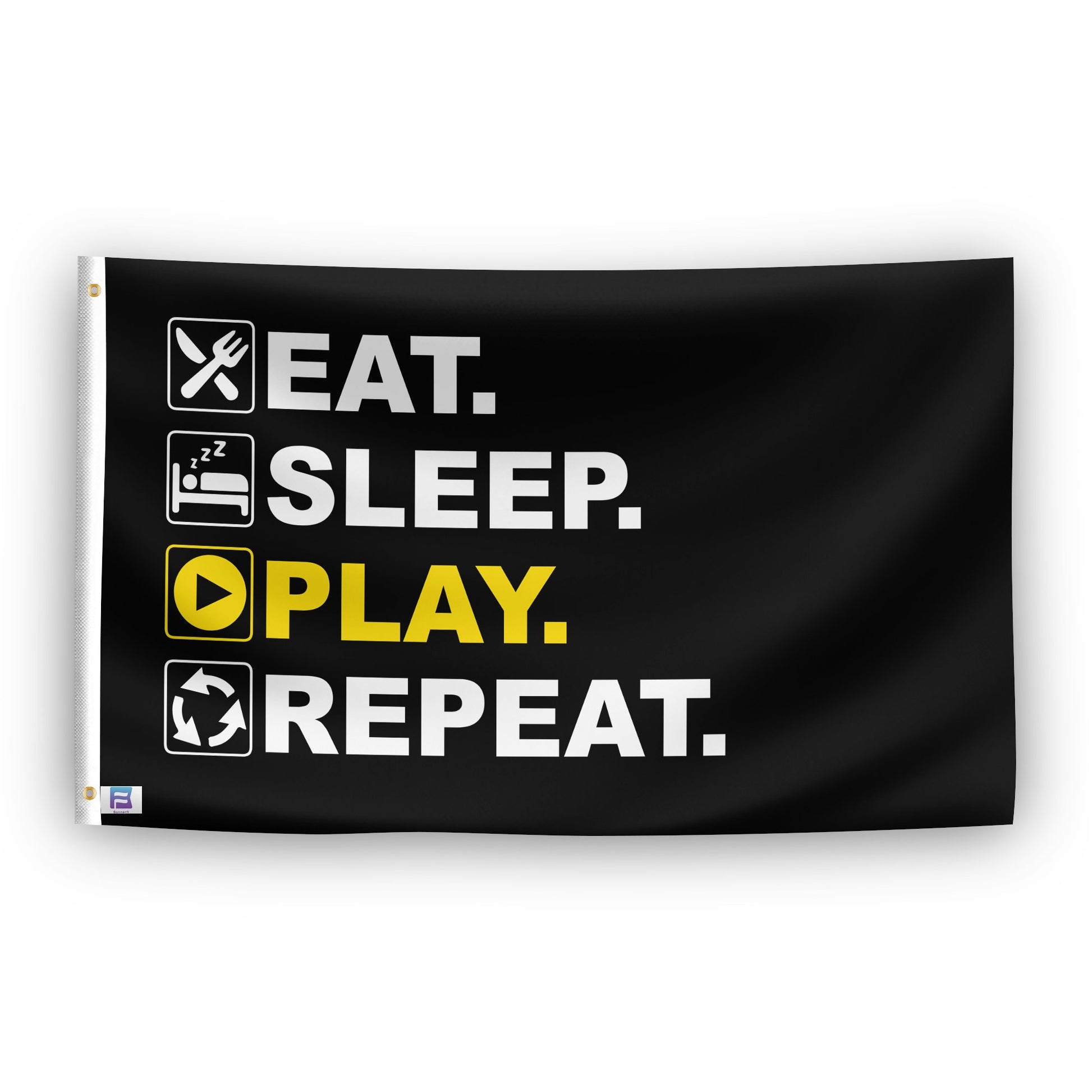 A flag with the saying "Eat Sleep Play Repeat", with a black, white and themed color scheme.