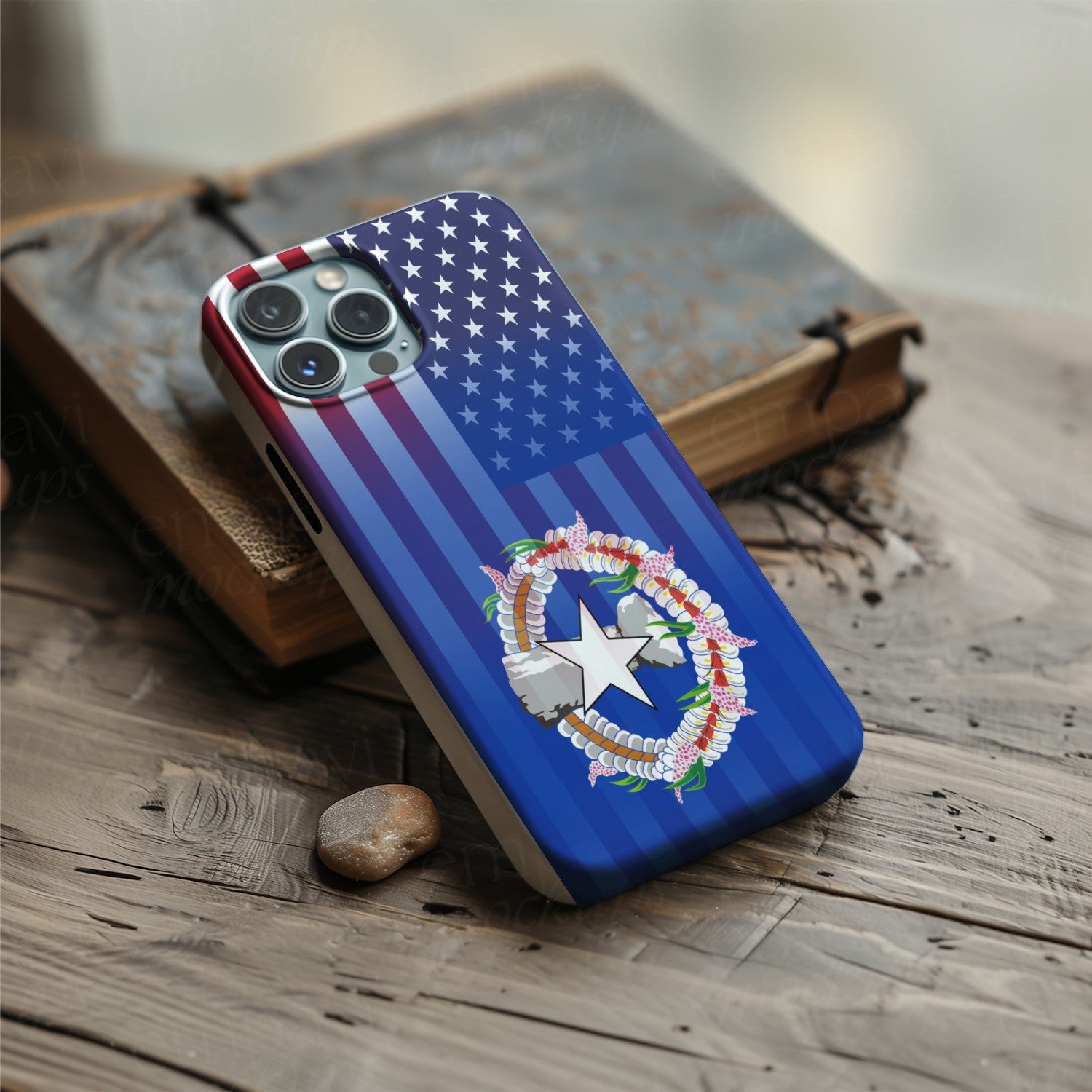 Digital download of a blended US and Northern Mariana Islands flag on a phone case, merging American stars & stripes with Northern Mariana Islands’s emblem.