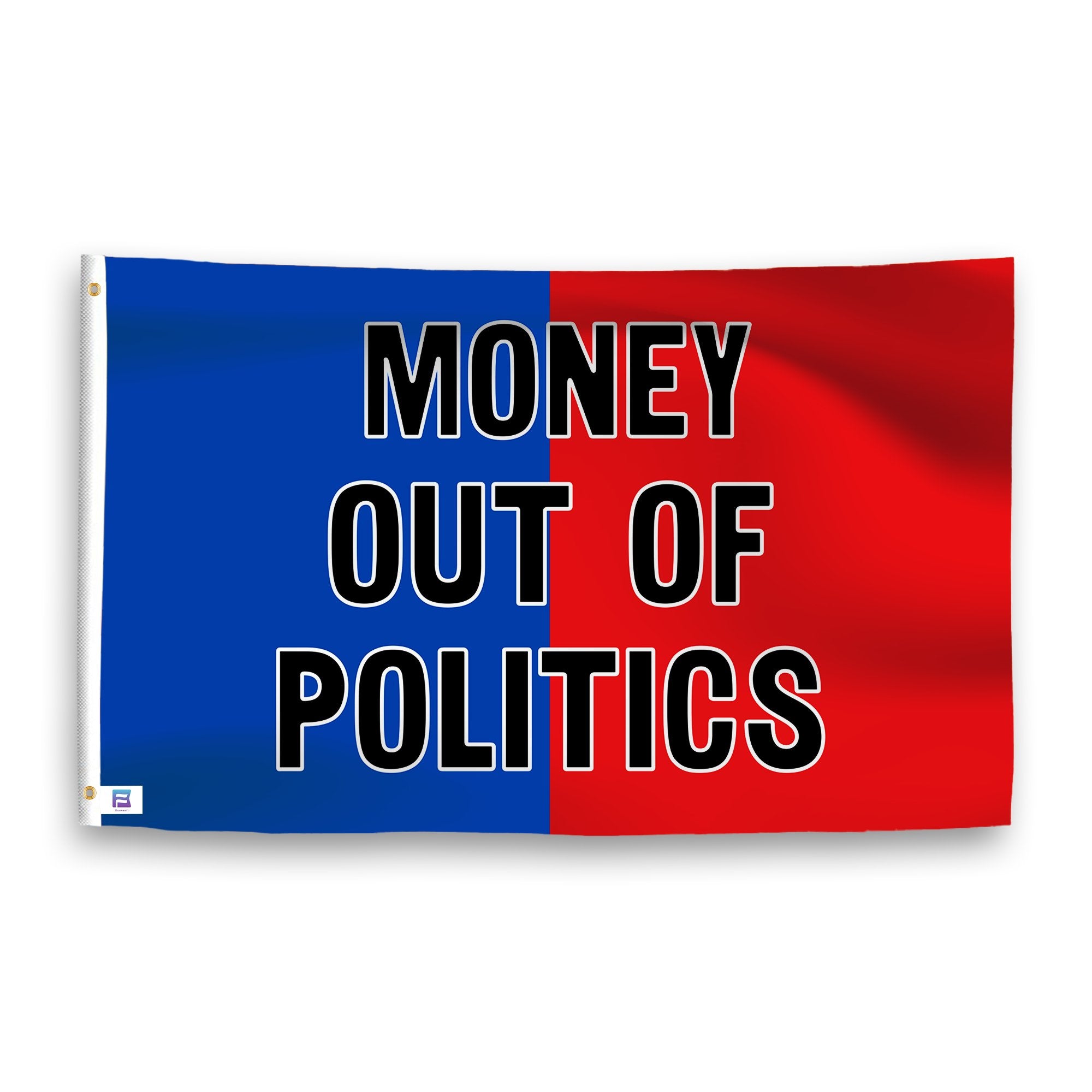 A dual-tone flag containing a political slogan, with a smooth royal blue and deep crimson texture. 