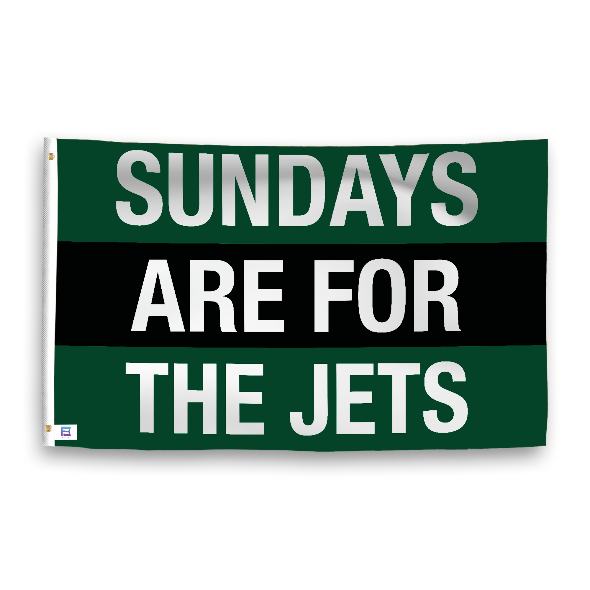 A flag with the saying "https://www.dropbox.com/scl/fi/4chu7nkwz96tdherhfsgs/sundays-are-for-the-jets_ripple.png?rlkey=zafx478sxm059q1j57qmm33gm&raw=1", with the sports team color scheme.