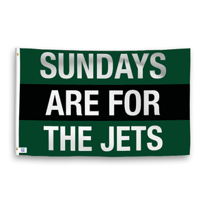 A rectangular flag with green and black stripes and the text 'SUNDAYS ARE FOR THE JETS' in bold white letters.