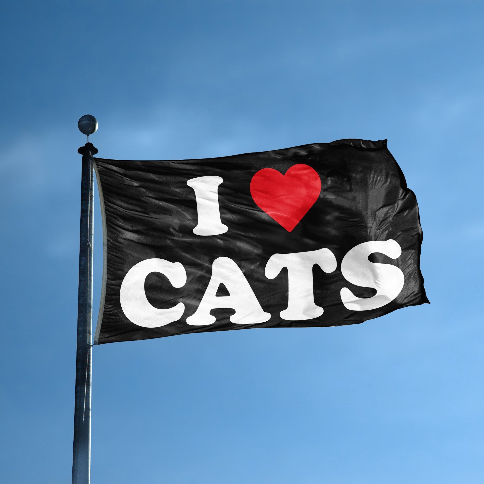 A flag with the saying "I Love Cats" displayed on a high pole, with a black, white and red color scheme.