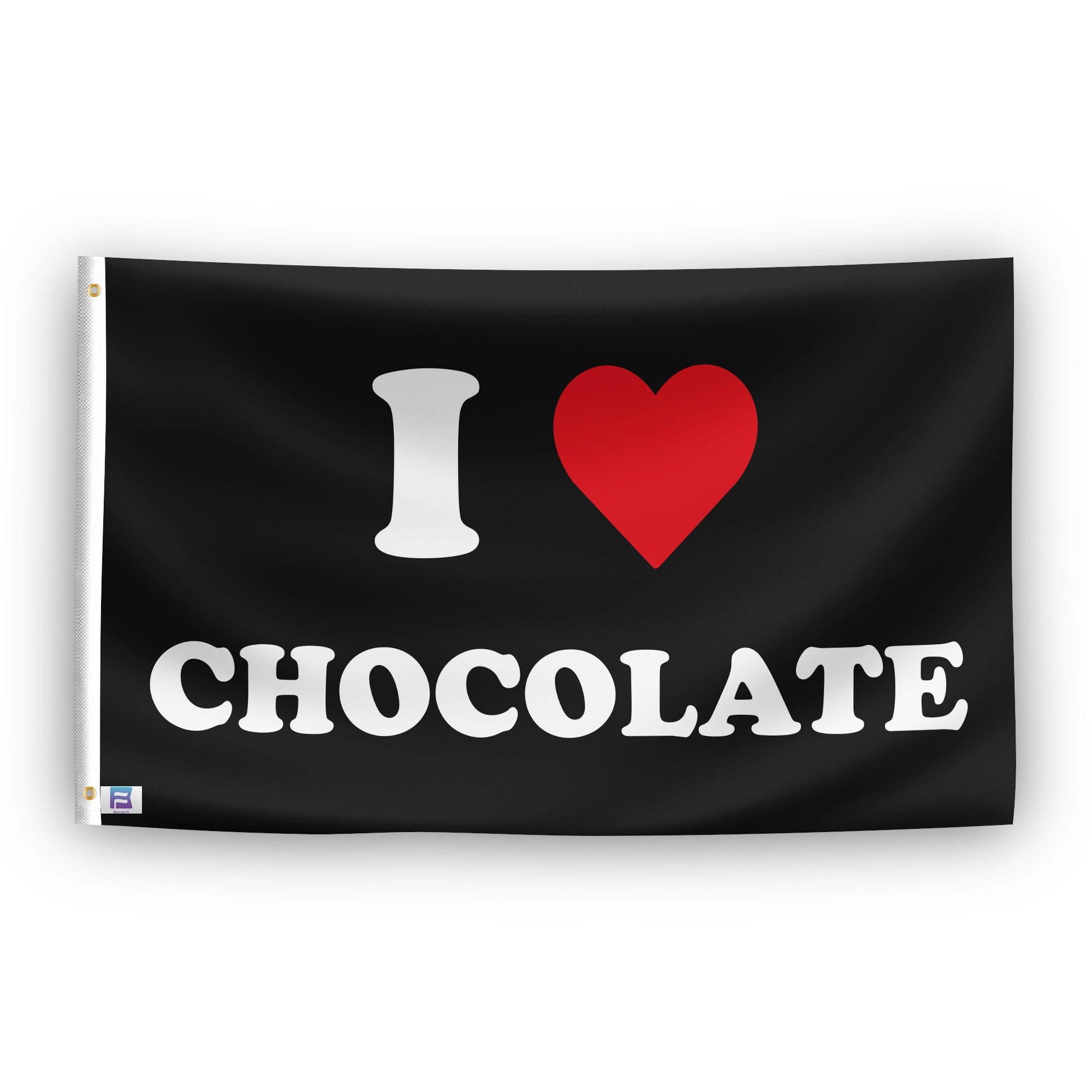 A flag with the saying "I Love Chocolate", with a black, white and red color scheme.