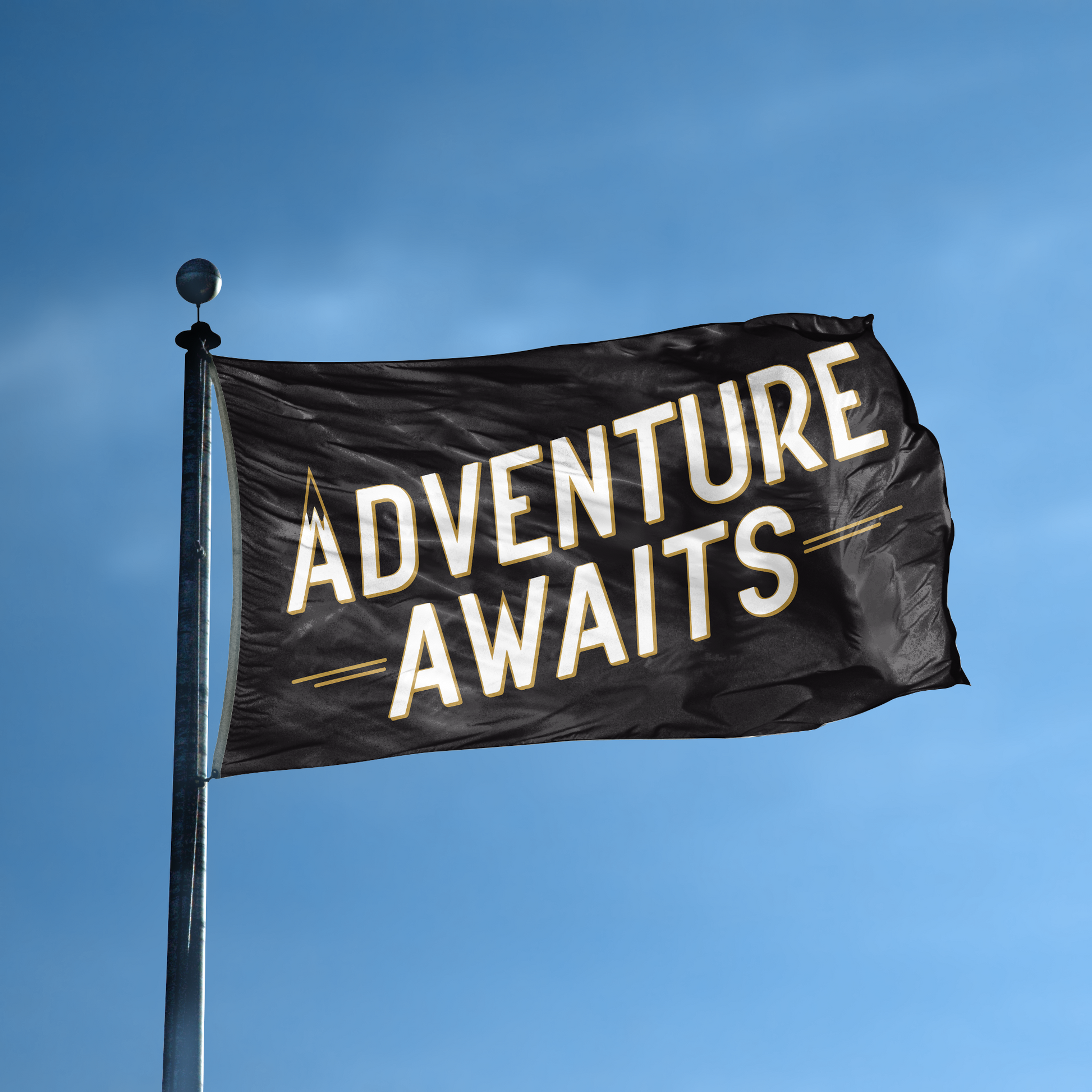 A flag with the saying "Adventure Awaits You" displayed on a high pole, with a special occasion color scheme.