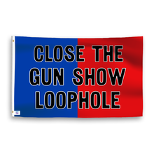 Load image into Gallery viewer, A dual-tone flag containing a political slogan, with a smooth royal blue and deep crimson texture. 
