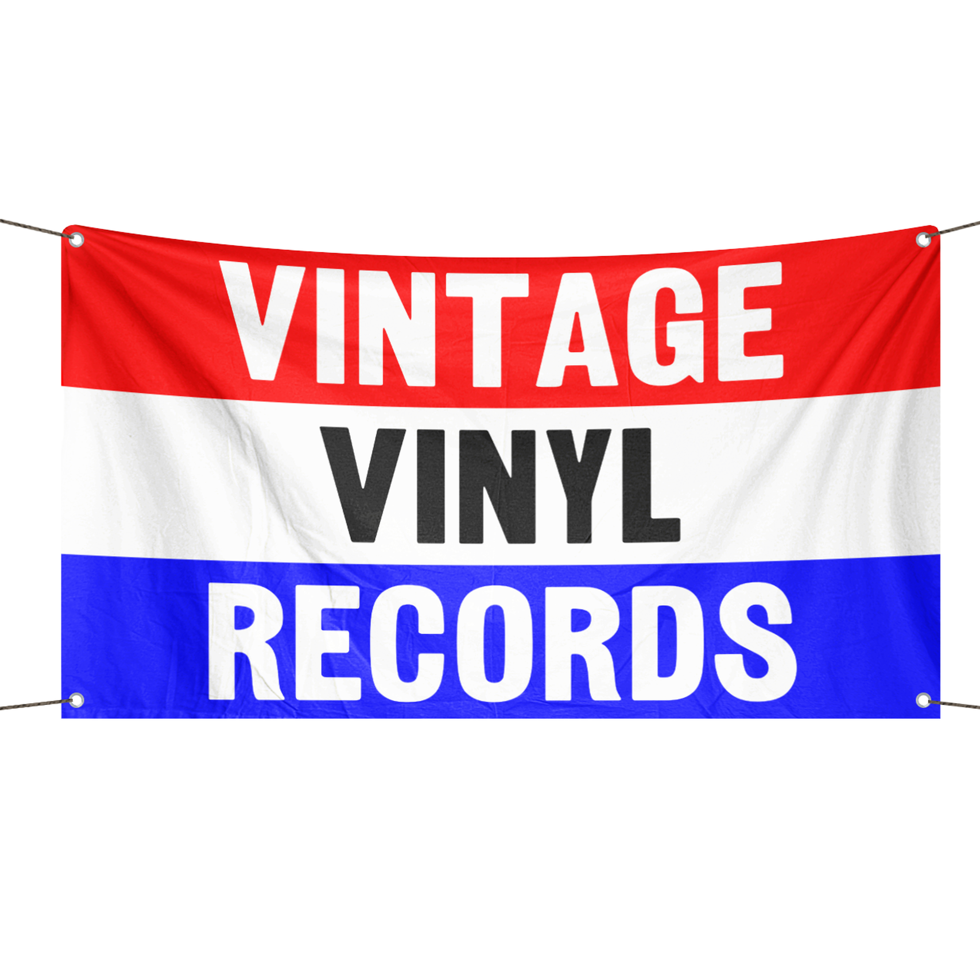 A business banner with the saying "Vintage Vinyl Records", with a red, white, and blue color scheme.