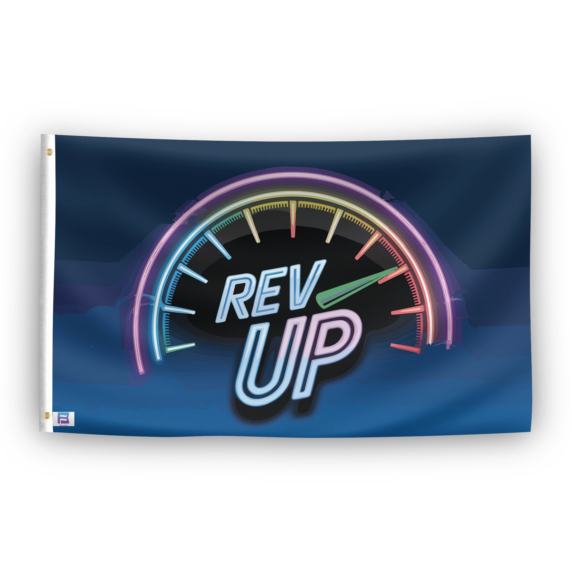 A flag with the saying "Rev Up", with a neon style color scheme.