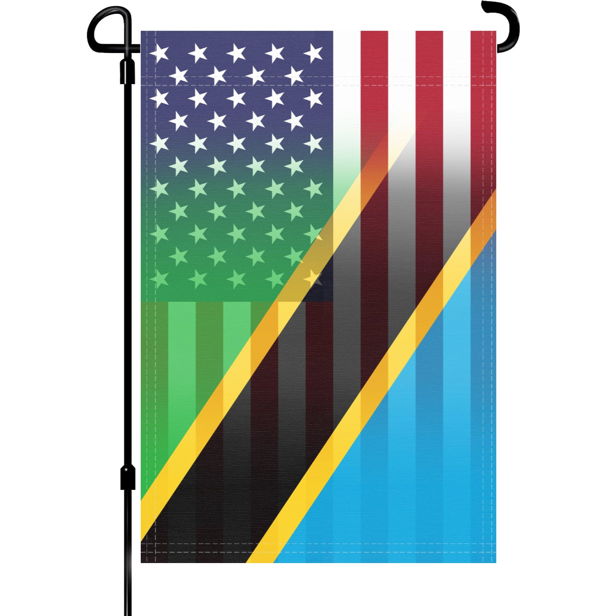 A garden flag on a pole with the Tanzanian American flag design seamlessly blended with the American flag.