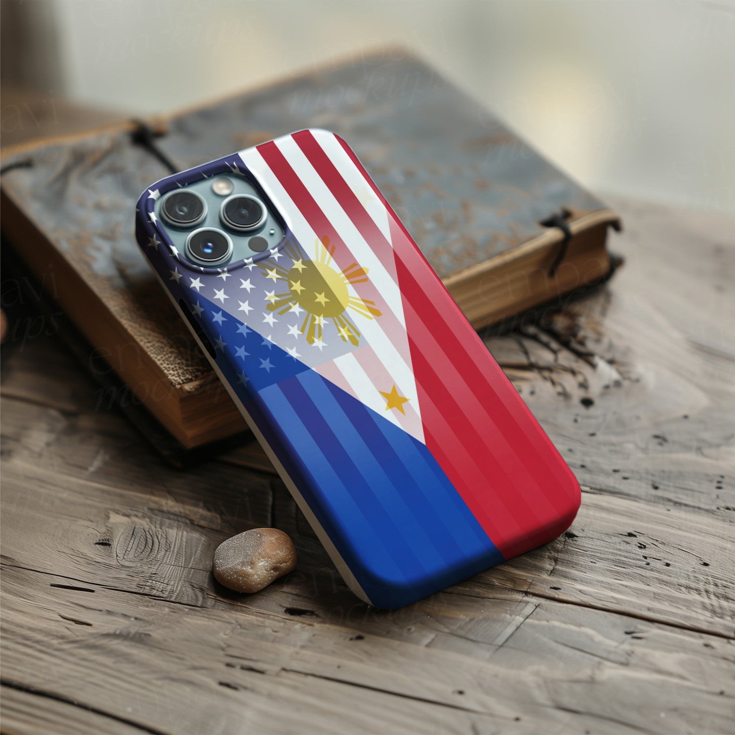Digital download of a blended US and Filipino flag on a phone case, merging American stars & stripes with Filipino’s emblem.