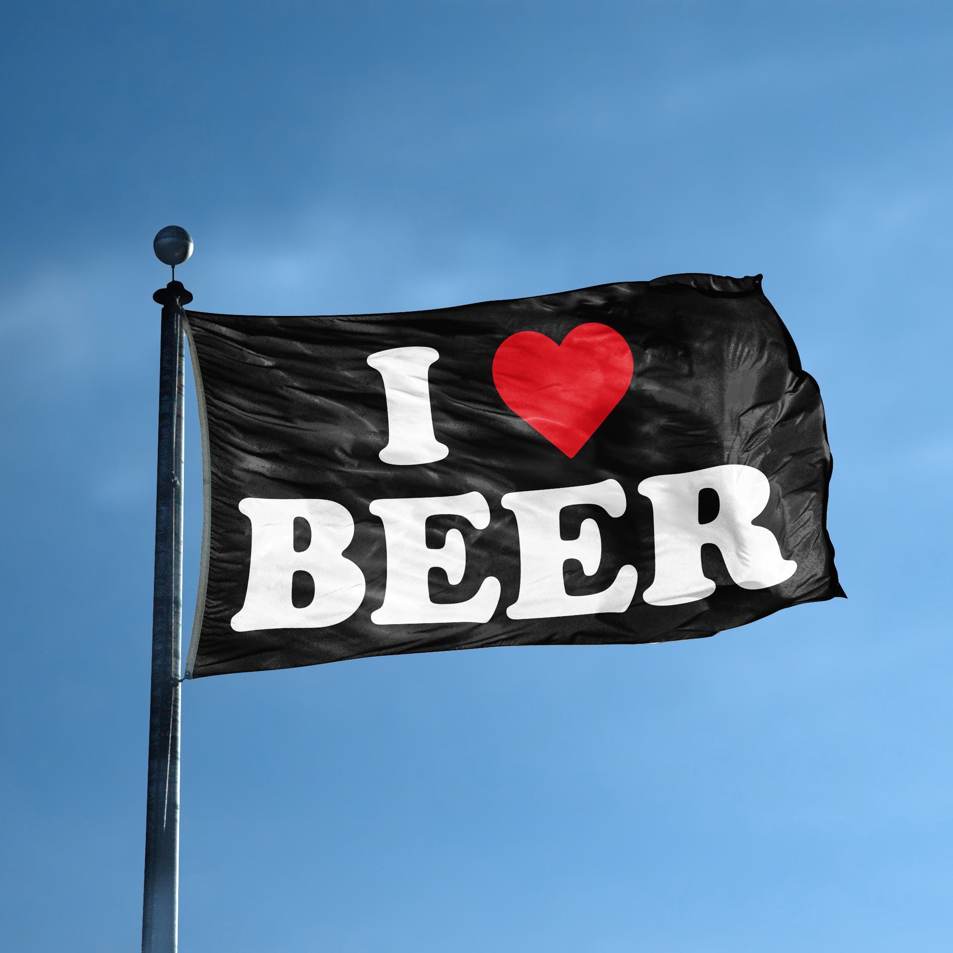 A flag with the saying "I Love Beer" displayed on a high pole, with a black, white and red color scheme.