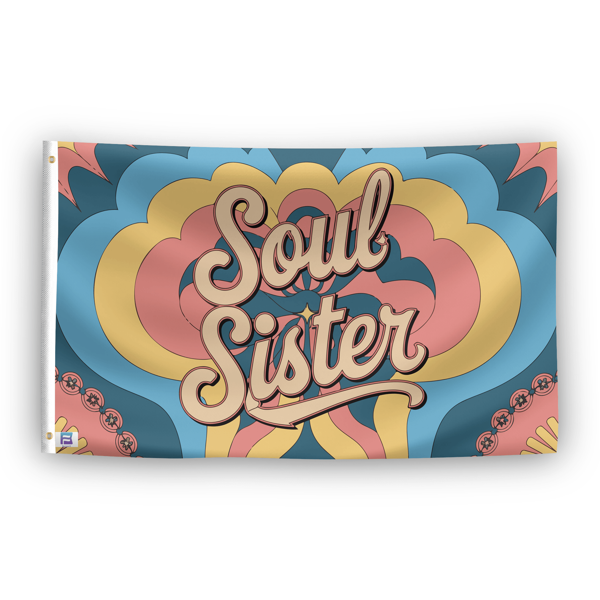 A flag with the saying "Soul Sister", with a tie dye style color scheme.