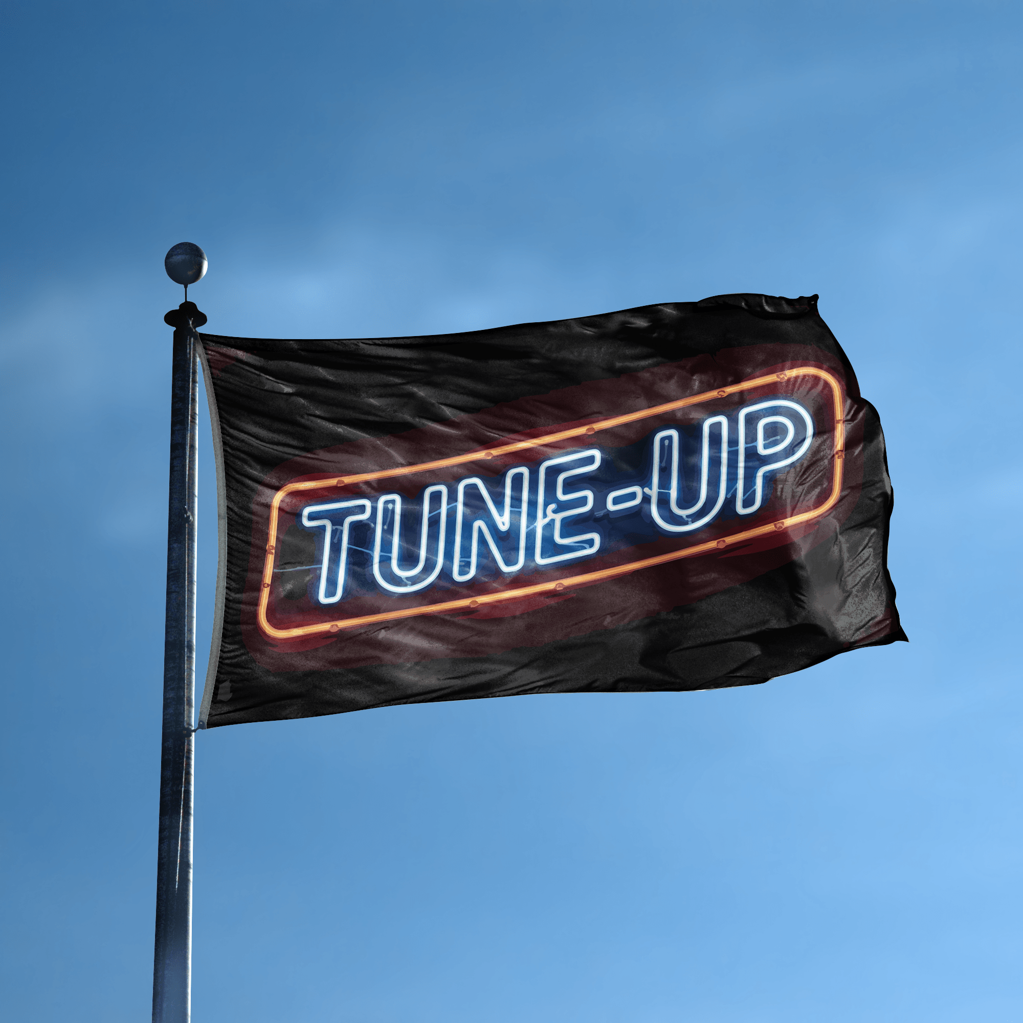 A flag with the saying "Tune Up" displayed on a high pole, with a neon style color scheme.