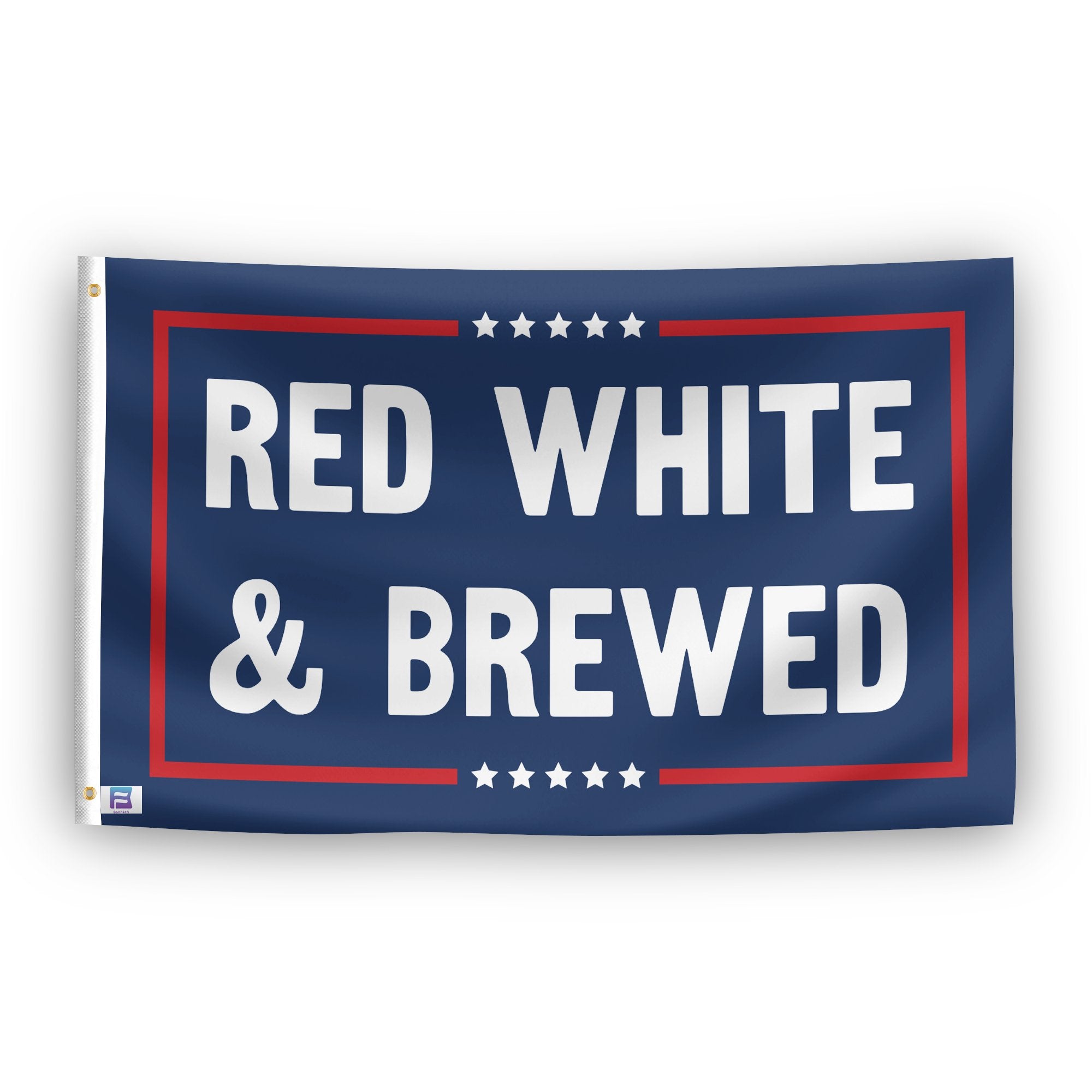 A political flag with the saying "Red White And Brewed Political", with a red, white, and blue color scheme.