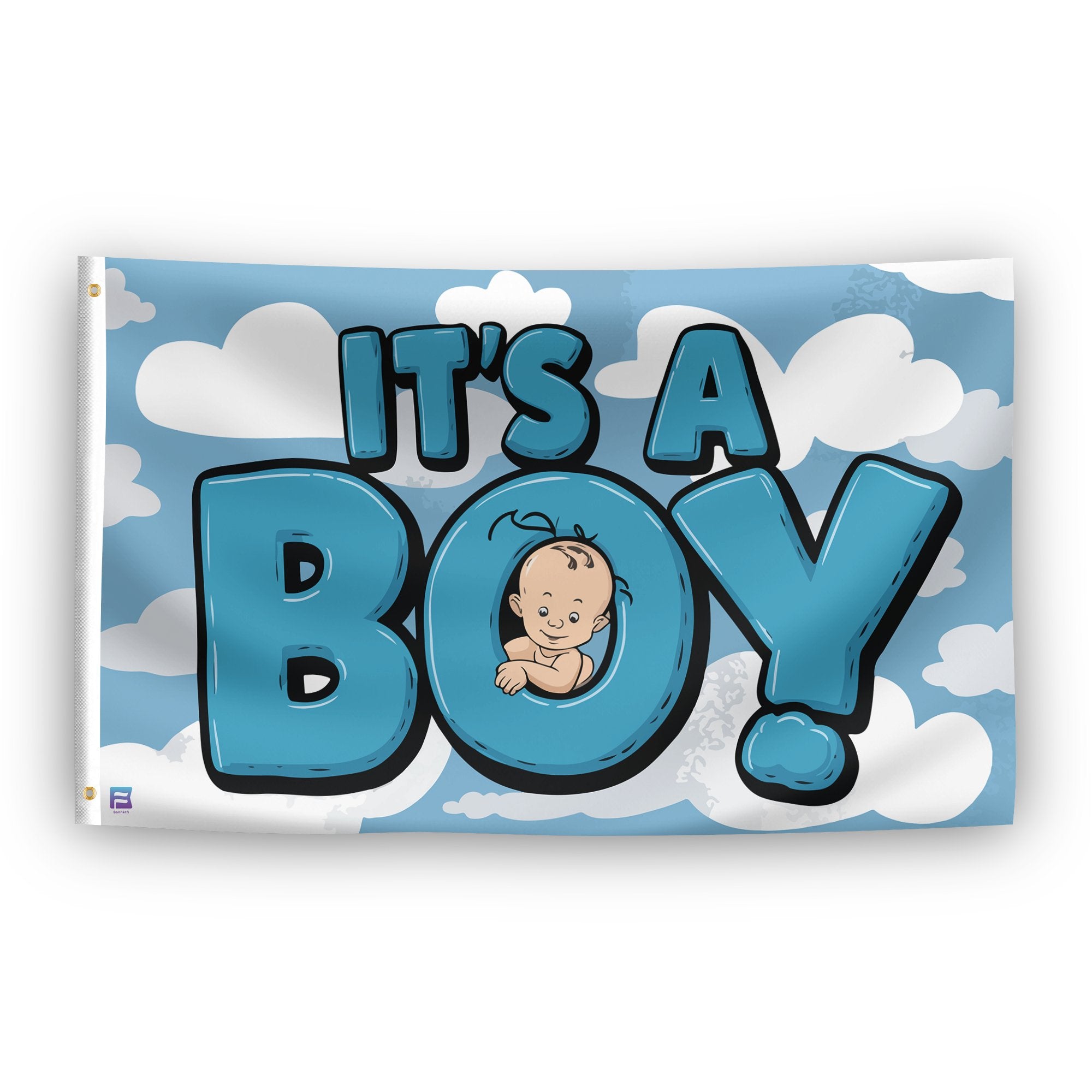 A flag with the saying "It's A Boy", with a special occasion color scheme.