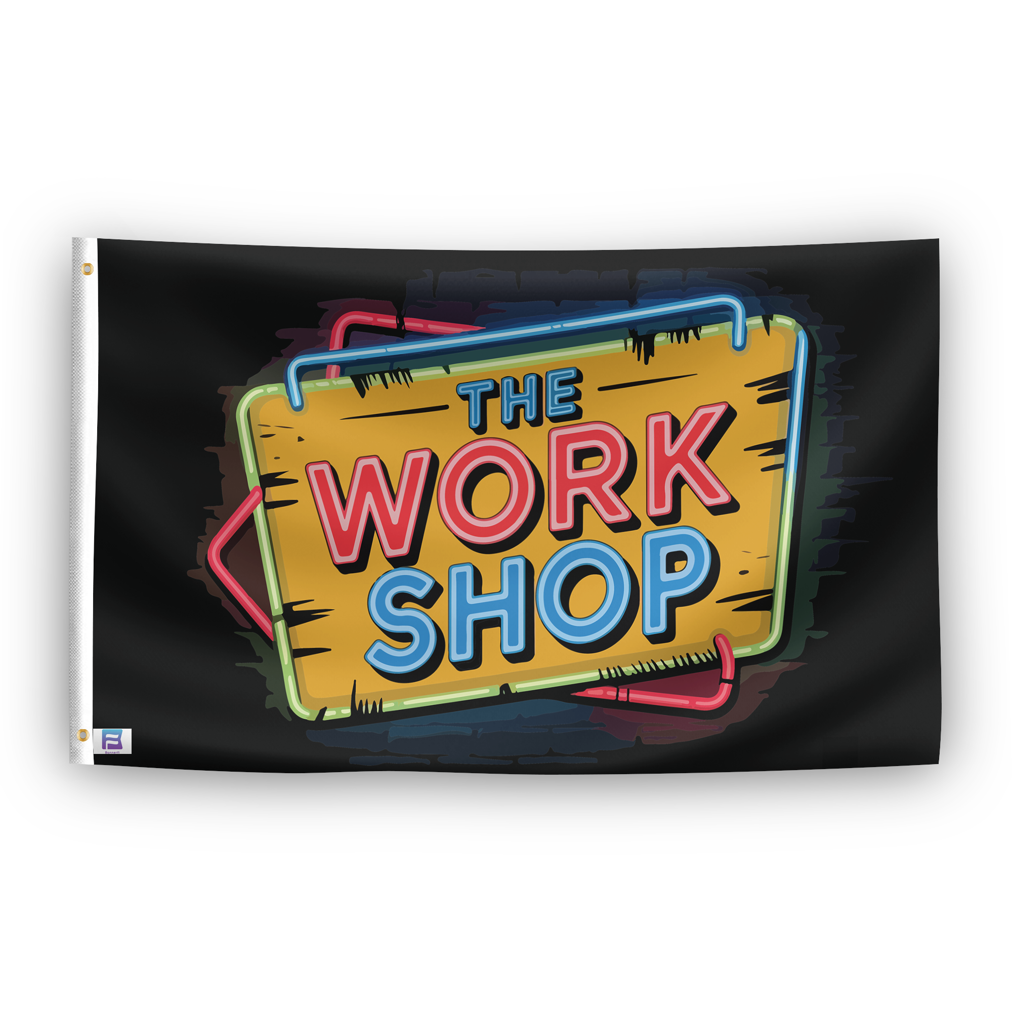 A flag with the saying "The Work Shop Garage", with a neon style color scheme.