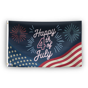 A flag with the saying "Happy 4th Of July", with a holiday themed color scheme.