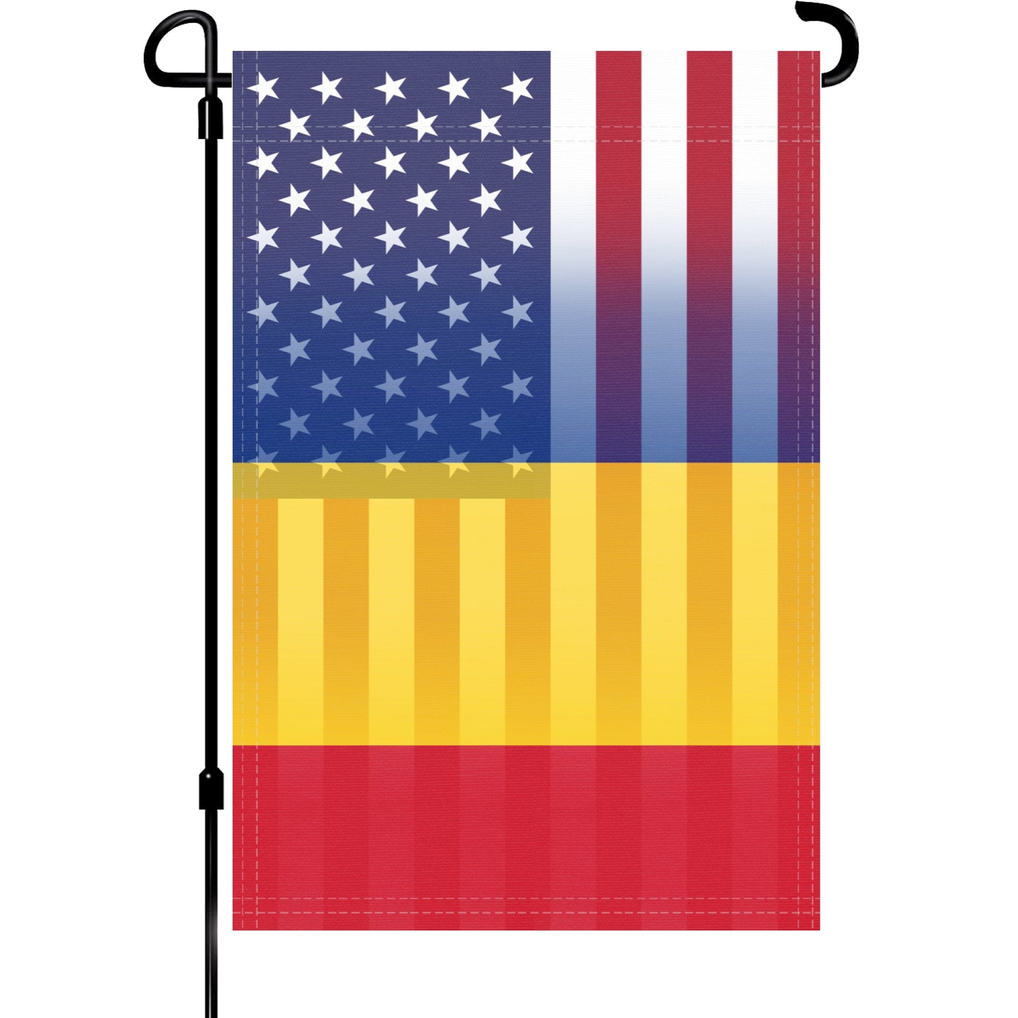 A garden flag on a pole with the Romanian American flag design seamlessly blended with the American flag.