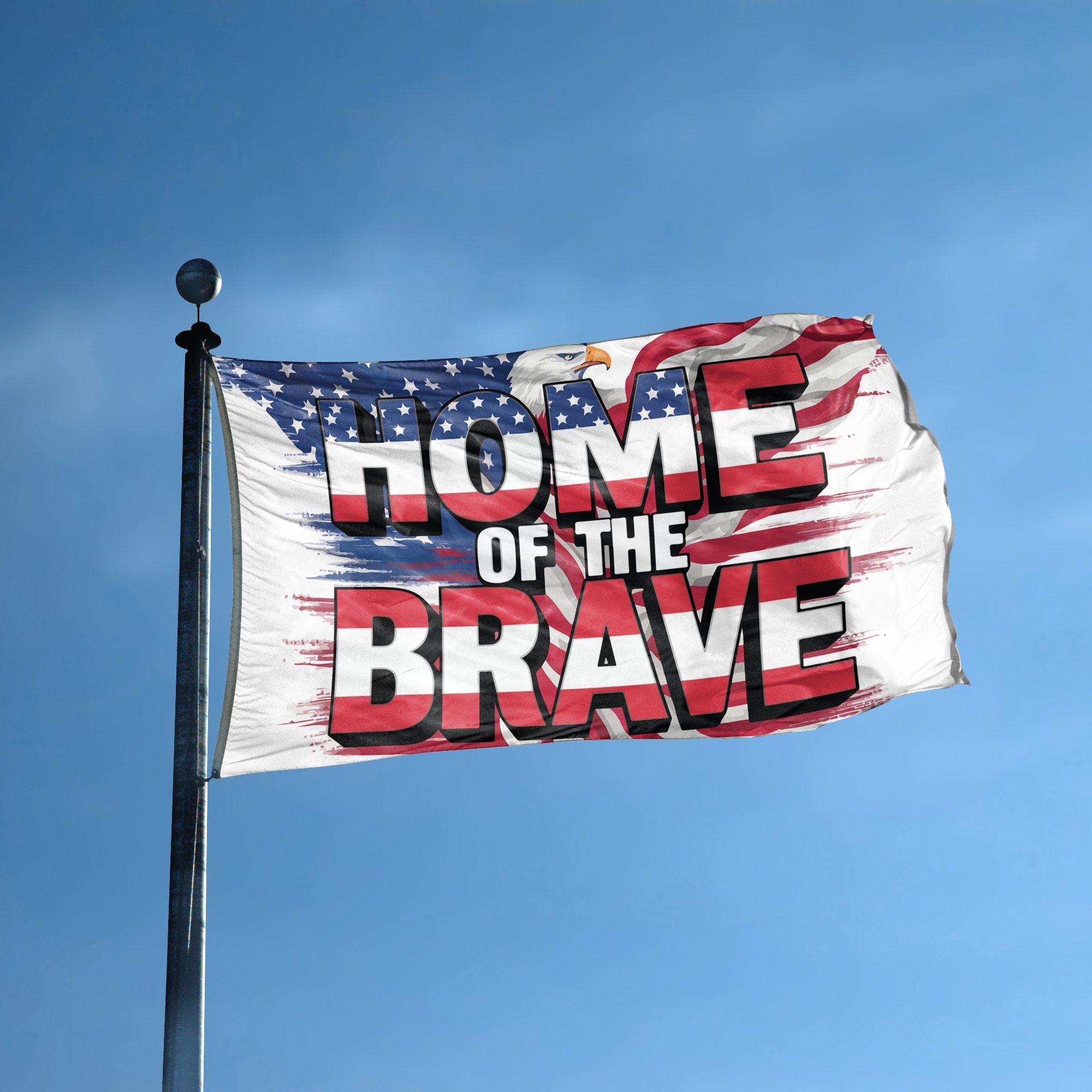 A flag with the saying "Home Of The Brave" displayed on a high pole, with a special occasion color scheme.