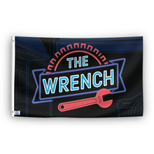 Load image into Gallery viewer, A flag with the saying &quot;The Wrench&quot;, with a neon style color scheme.
