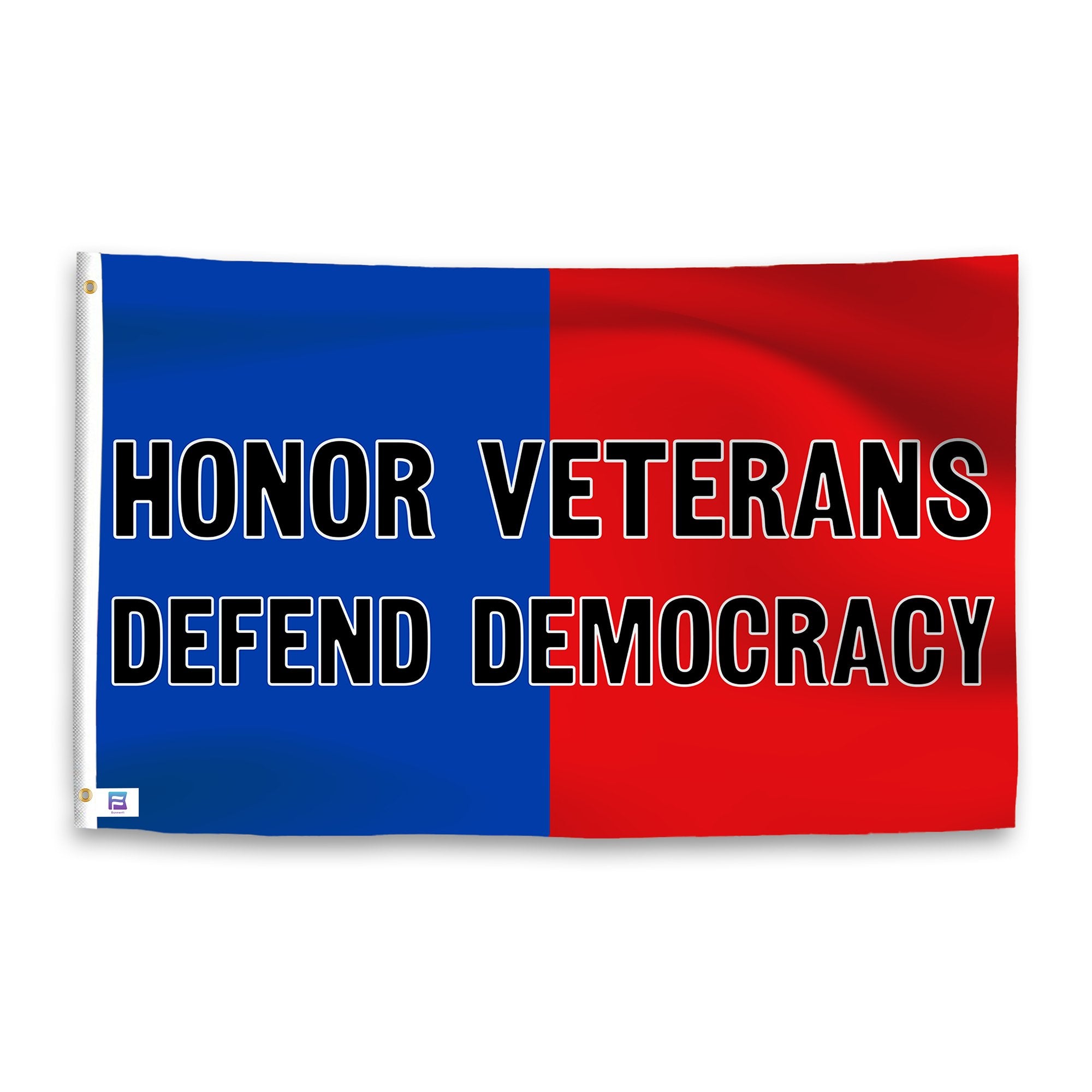 A dual-tone flag containing a political slogan, with a smooth royal blue and deep crimson texture. 