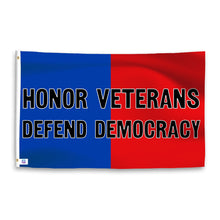 Load image into Gallery viewer, A dual-tone flag containing a political slogan, with a smooth royal blue and deep crimson texture. 
