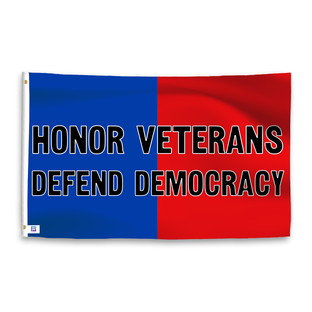 A dual-tone flag containing a political slogan, with a smooth royal blue and deep crimson texture. 