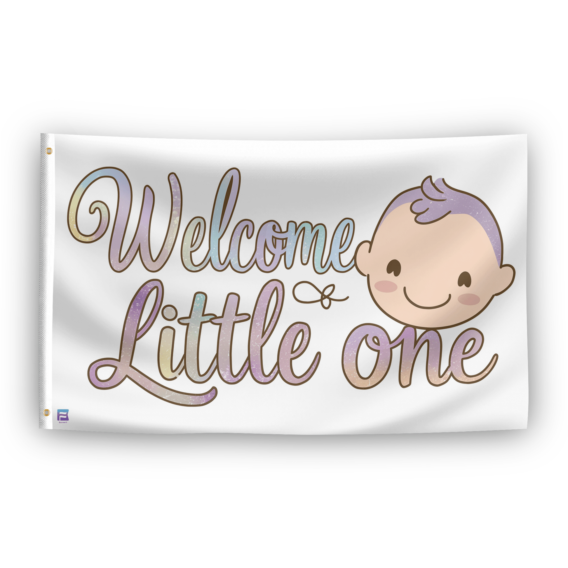 A flag with the saying "Welcome Little One", with a special occasion color scheme.