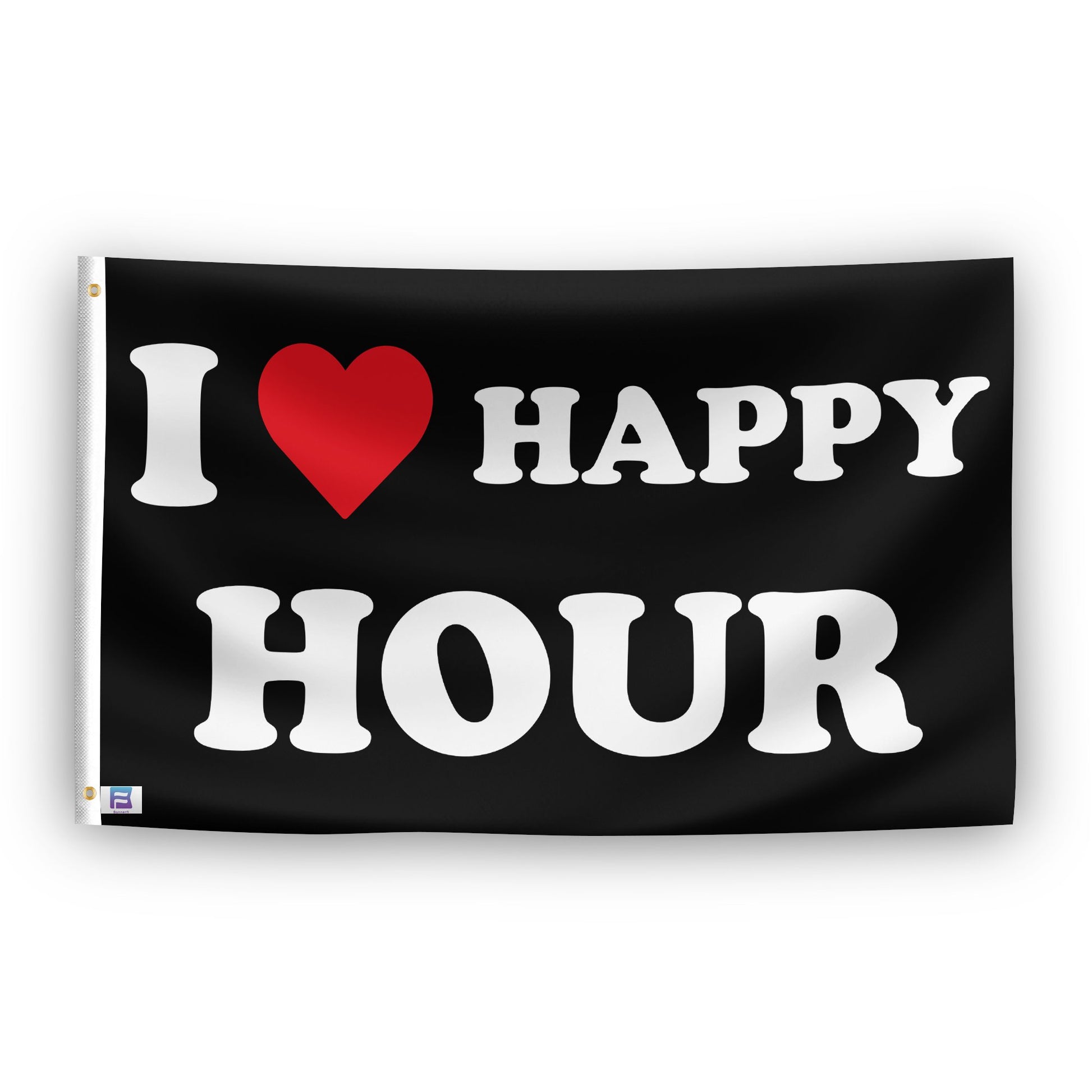 A flag with the saying "I Love Happy Hour", with a black, white and red color scheme.