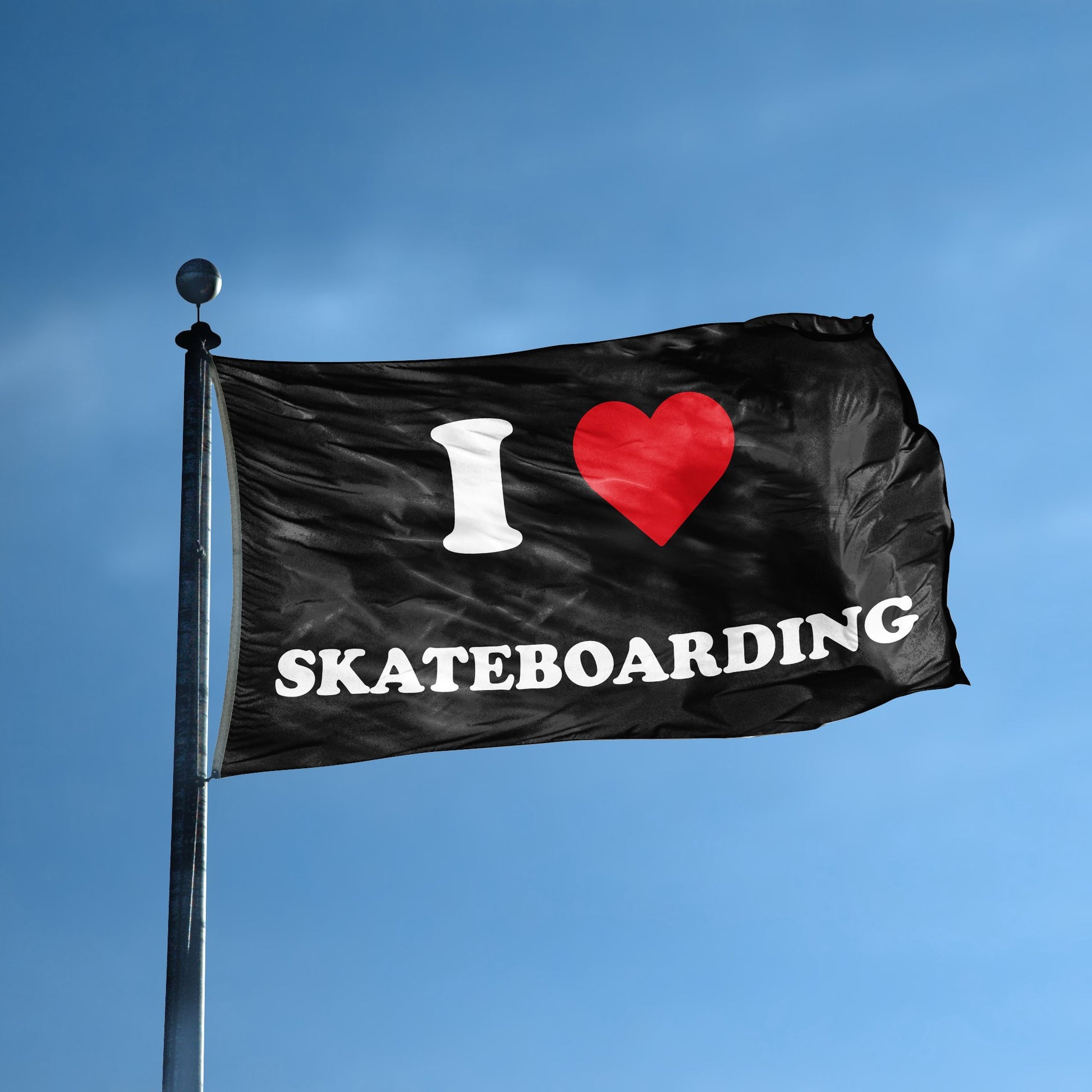 A flag with the saying "I Love Skateboarding" displayed on a high pole, with a black, white and red color scheme.