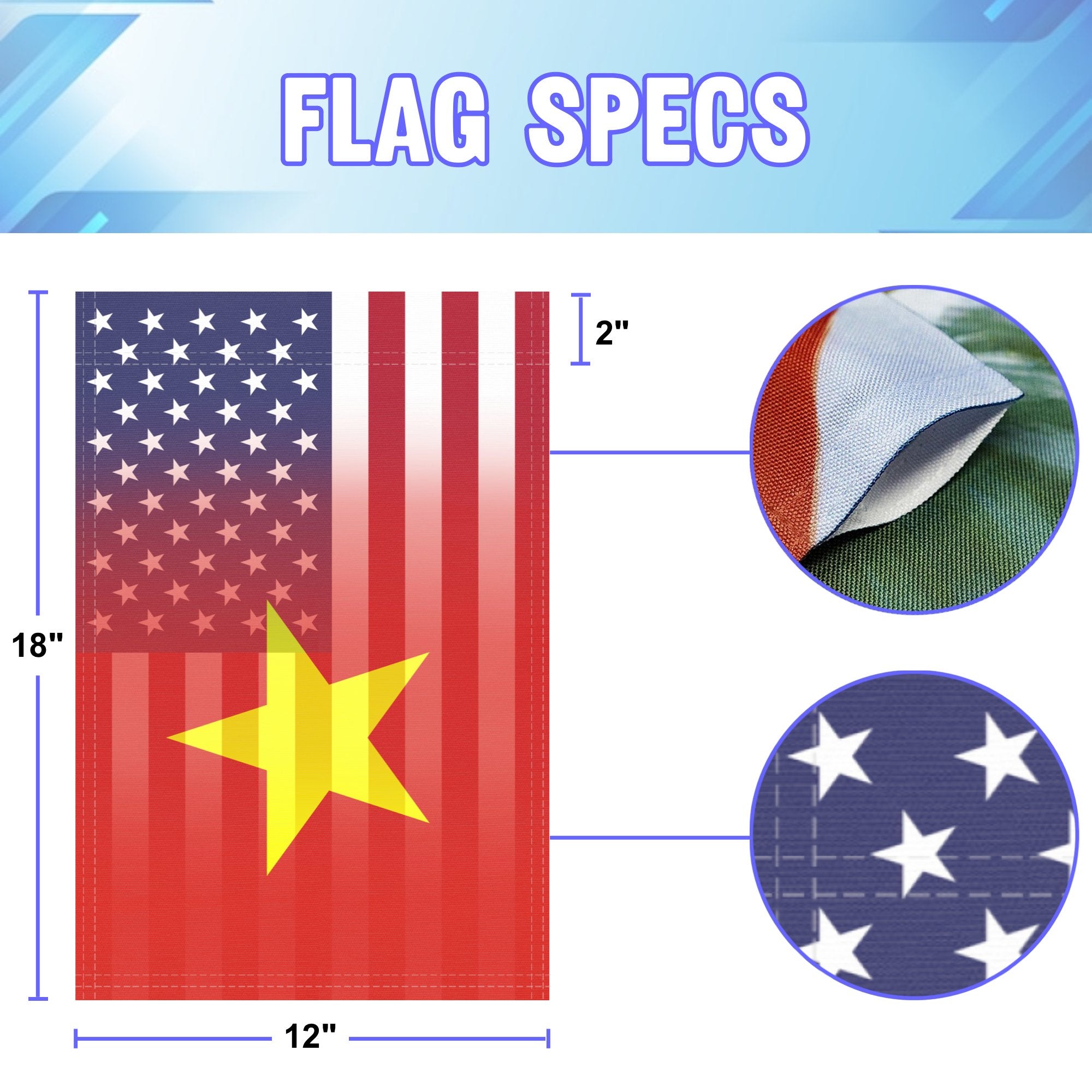 12 inch by 18 inch size specifications of a garden flag with the Vietnamese American flag design seamlessly blended with the American flag.