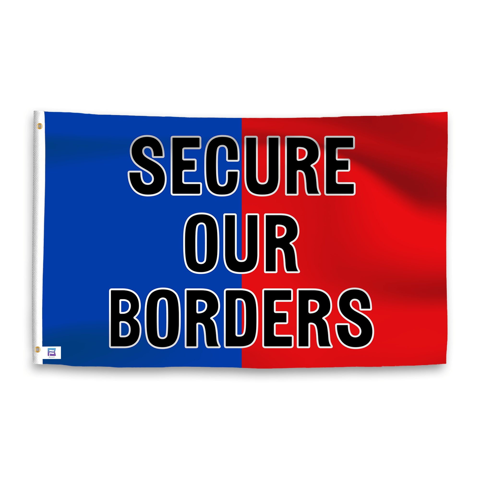 A dual-tone flag containing a political slogan, with a smooth royal blue and deep crimson texture.