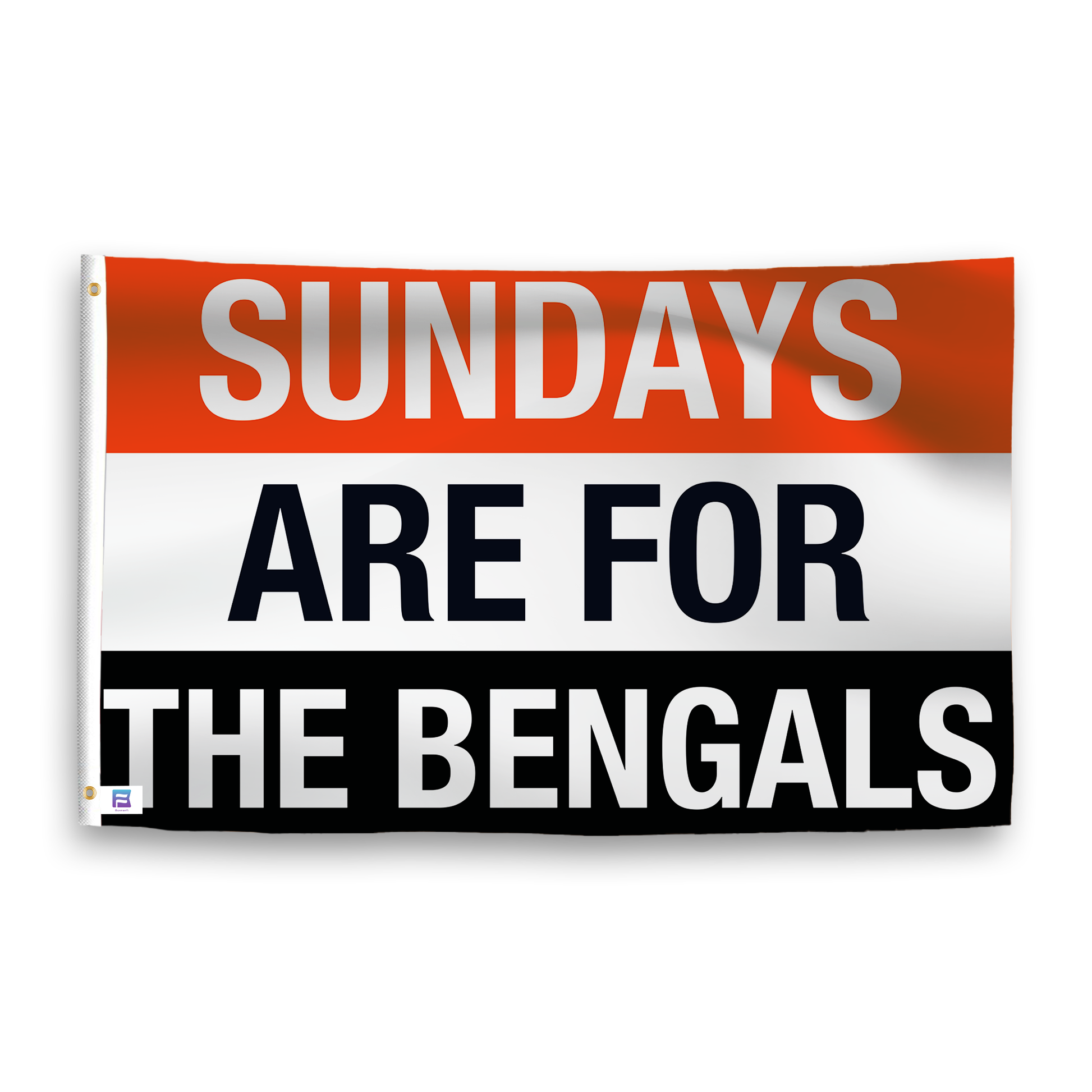 A flag with the saying "https://www.dropbox.com/scl/fi/z33j7j5zix0j3nkukvvtn/sundays-are-for-the-bengals_ripple.png?rlkey=2ngnvqeg994y7urmvgqrrhzg6&raw=1", with the sports team color scheme.