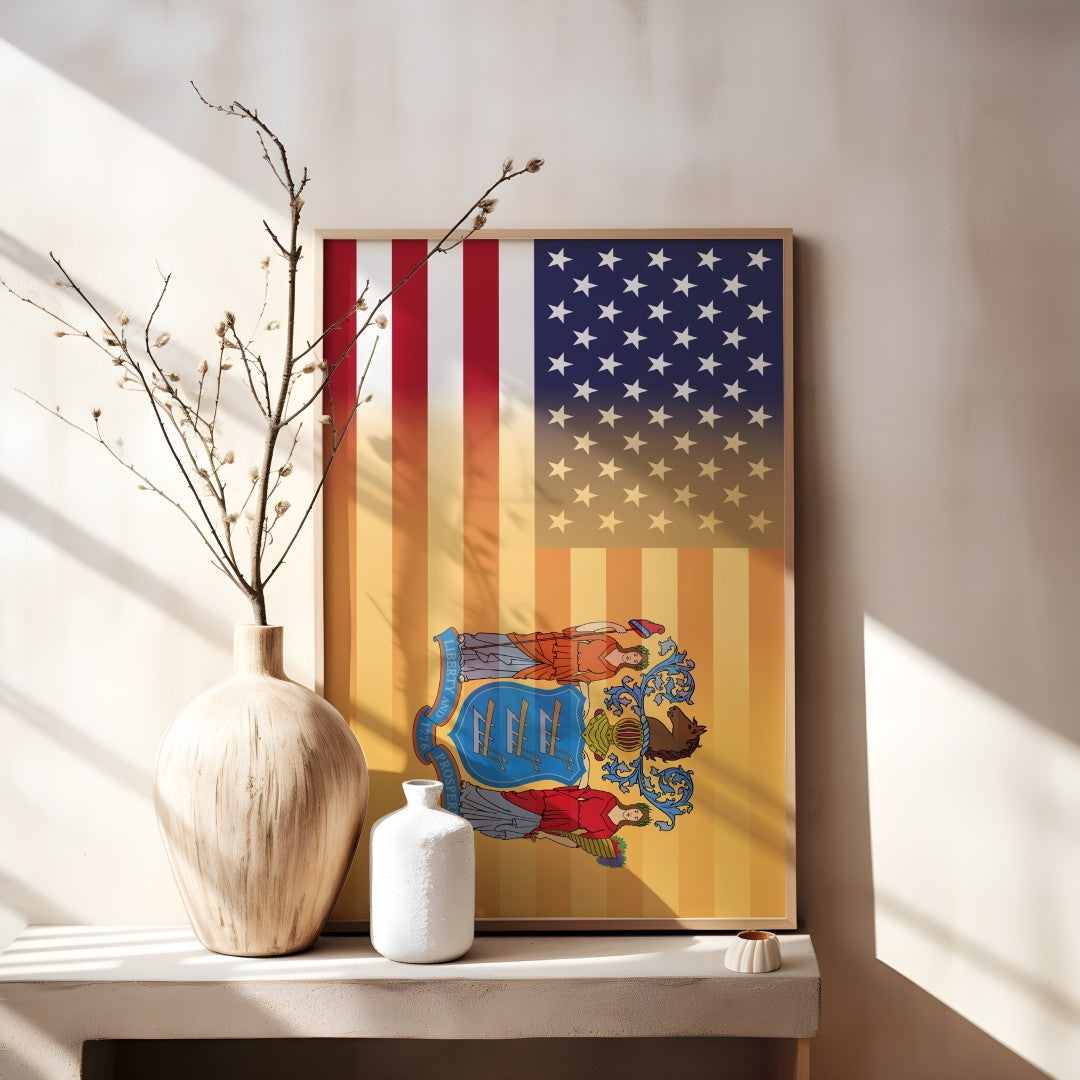 Blended US and New Jersey flag print in a wooden frame, showcasing American stars & stripes merged with New Jersey’s emblem, displayed on a tabletop.