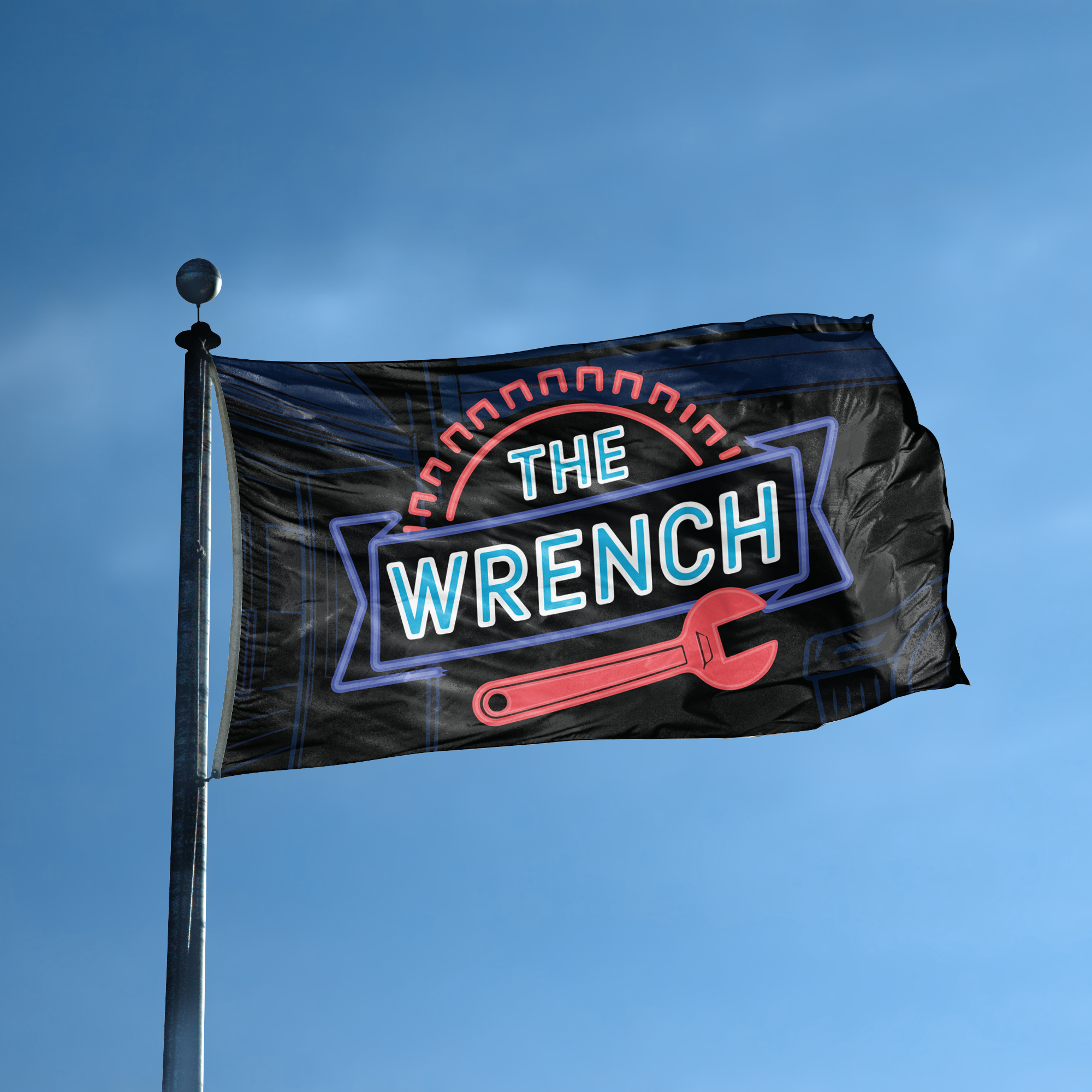 A flag with the saying "The Wrench" displayed on a high pole, with a neon style color scheme.