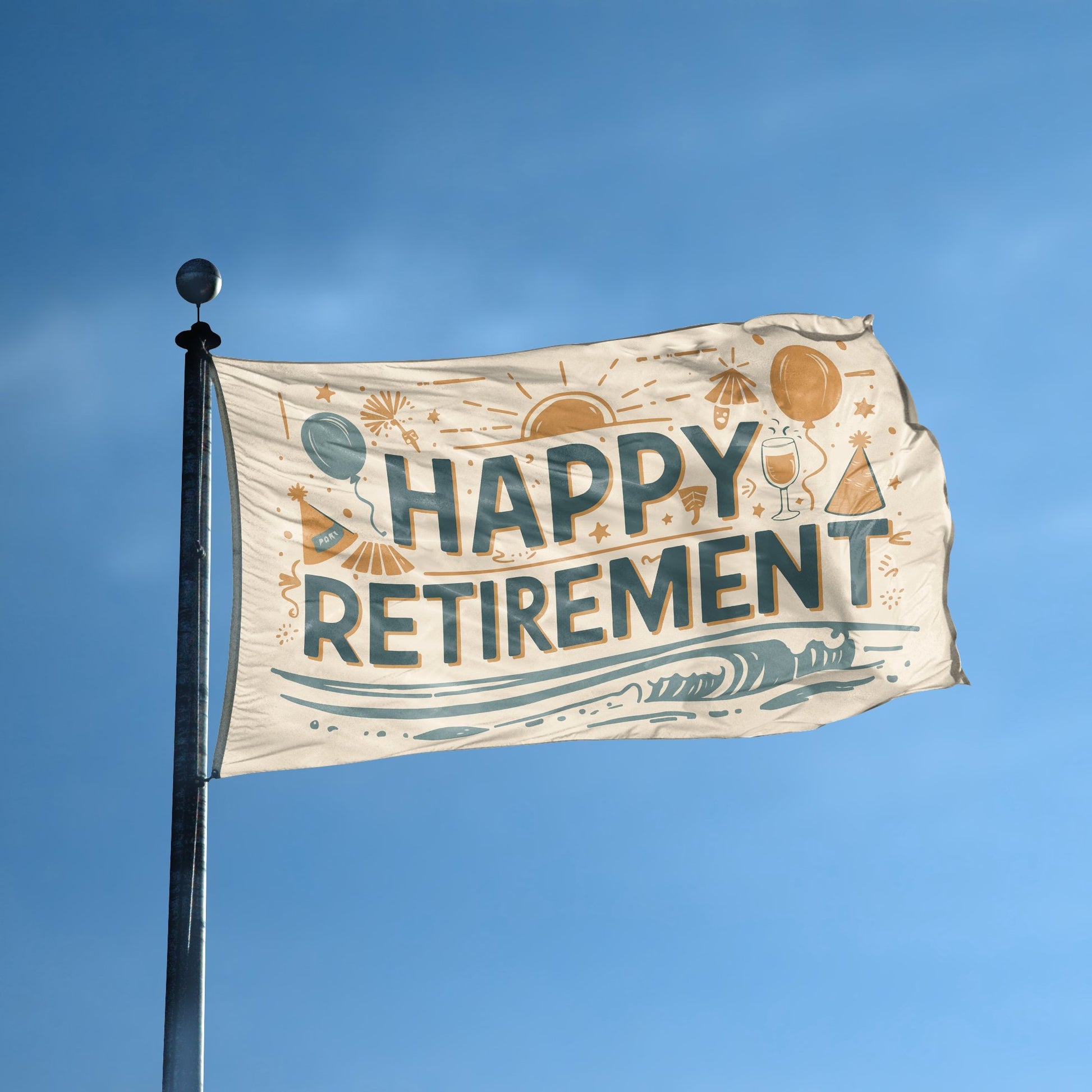 A flag with the saying "Happy Retirement" displayed on a high pole, with a special occasion color scheme.