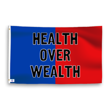 Load image into Gallery viewer, A dual-tone flag containing a political slogan, with a smooth royal blue and deep crimson texture. 
