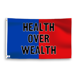 A dual-tone flag containing a political slogan, with a smooth royal blue and deep crimson texture. 